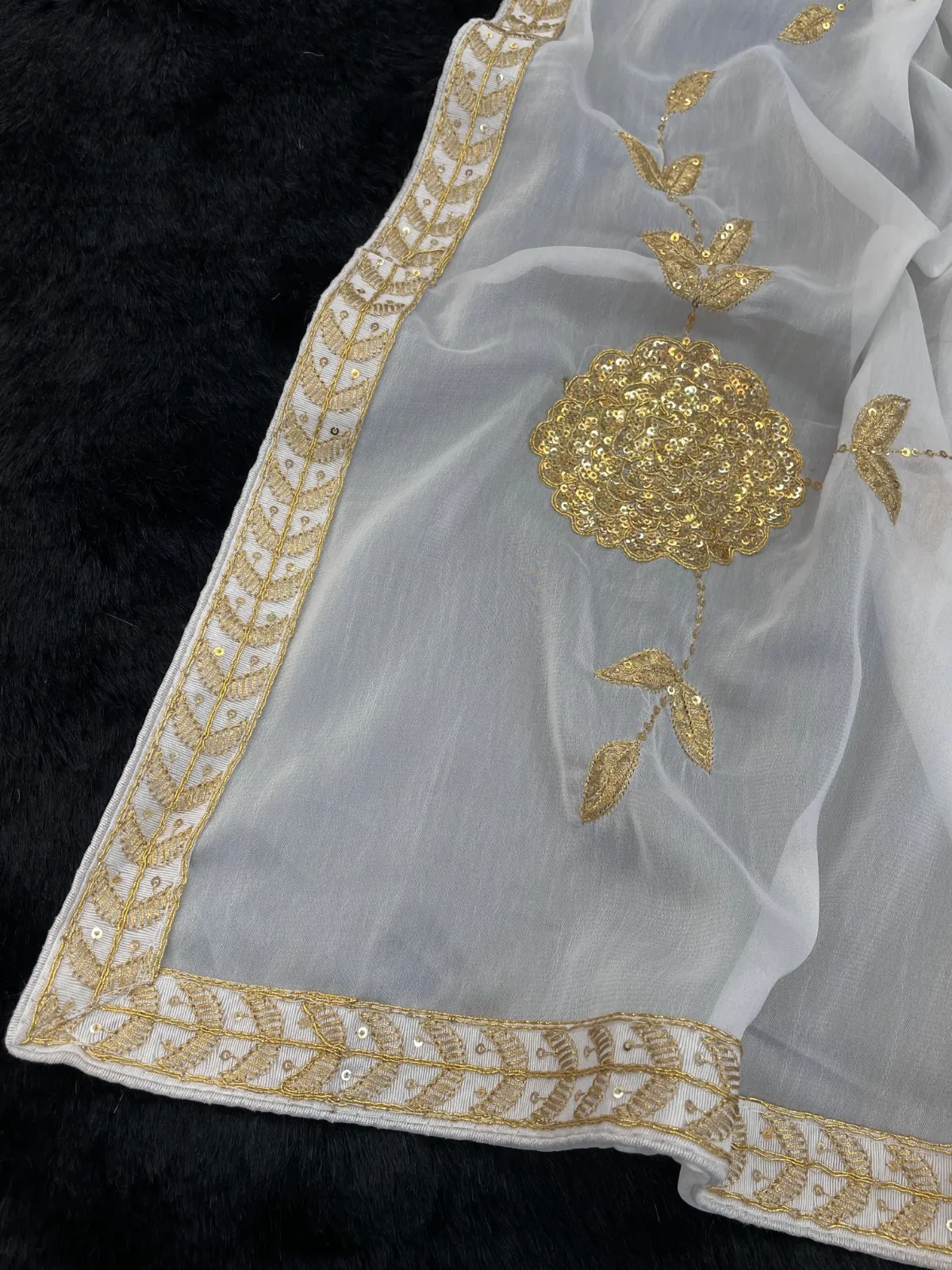 Pure White Saree with Golden Embroidery Bollywood Saree