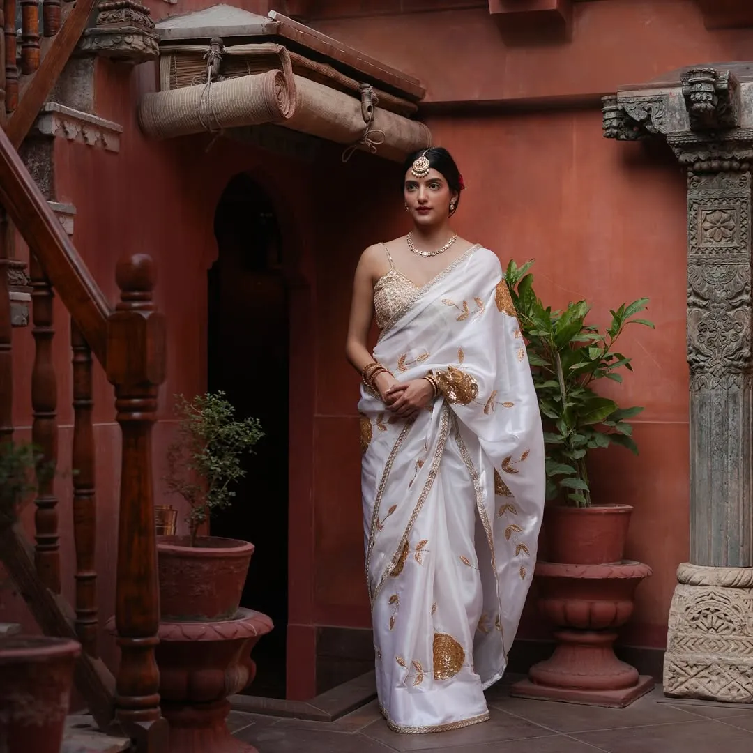 Pure White Saree with Golden Embroidery Bollywood Saree