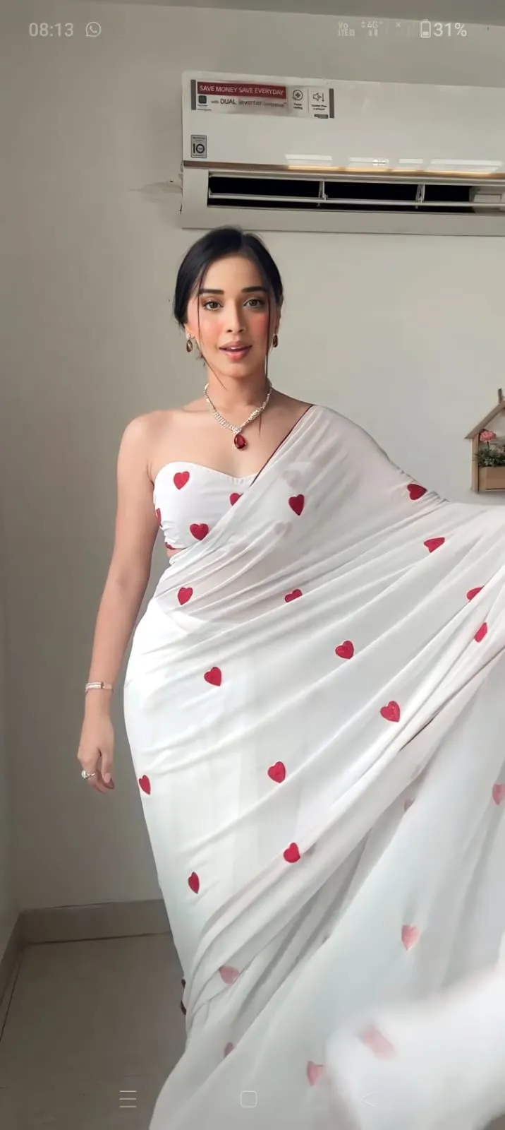 Readymade White Saree  with Heart Embroidery