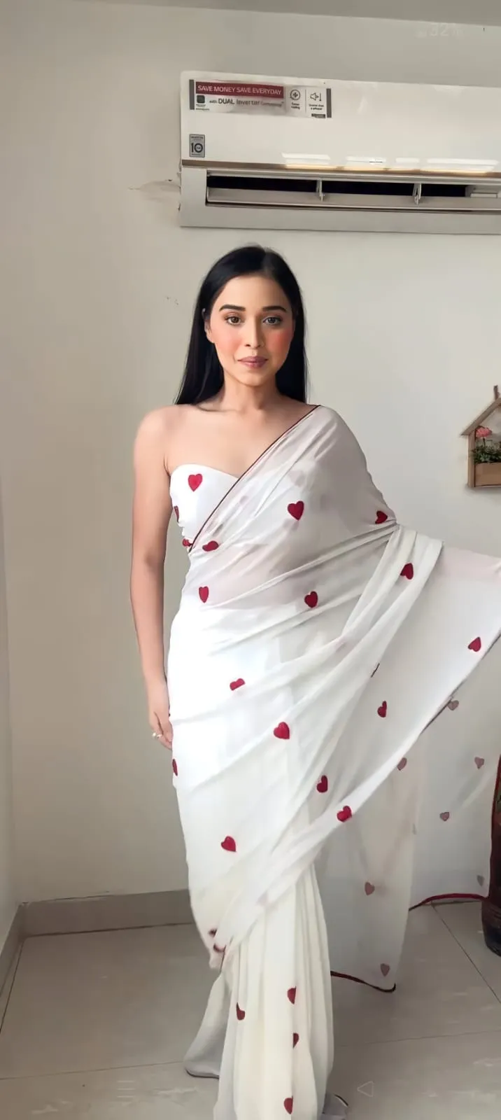 Readymade White Saree  with Heart Embroidery