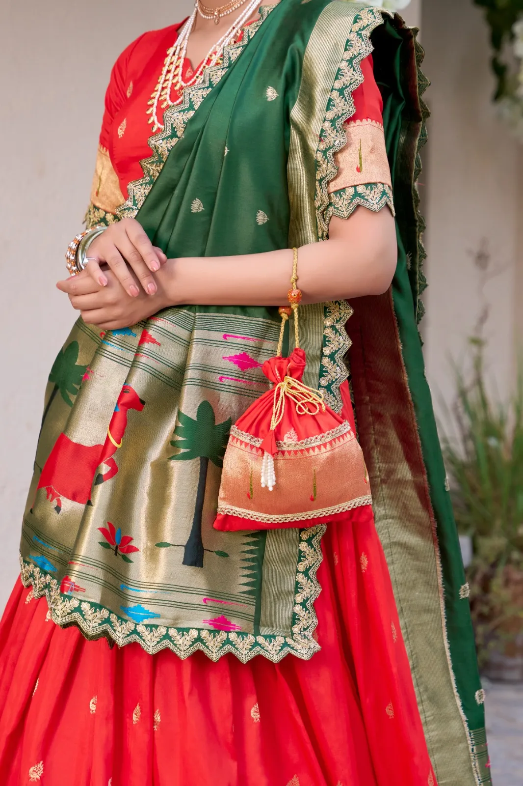 Red Paithani Silk Lehenga Choli for Marathi Bride