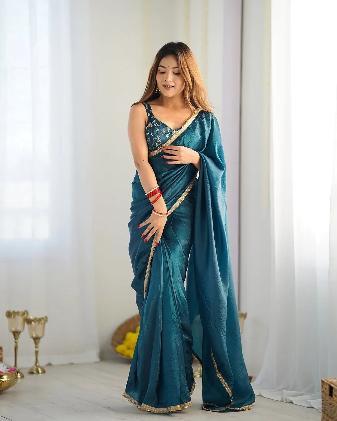 Teal Blue Pooja wear Saree with Stitched Blouse