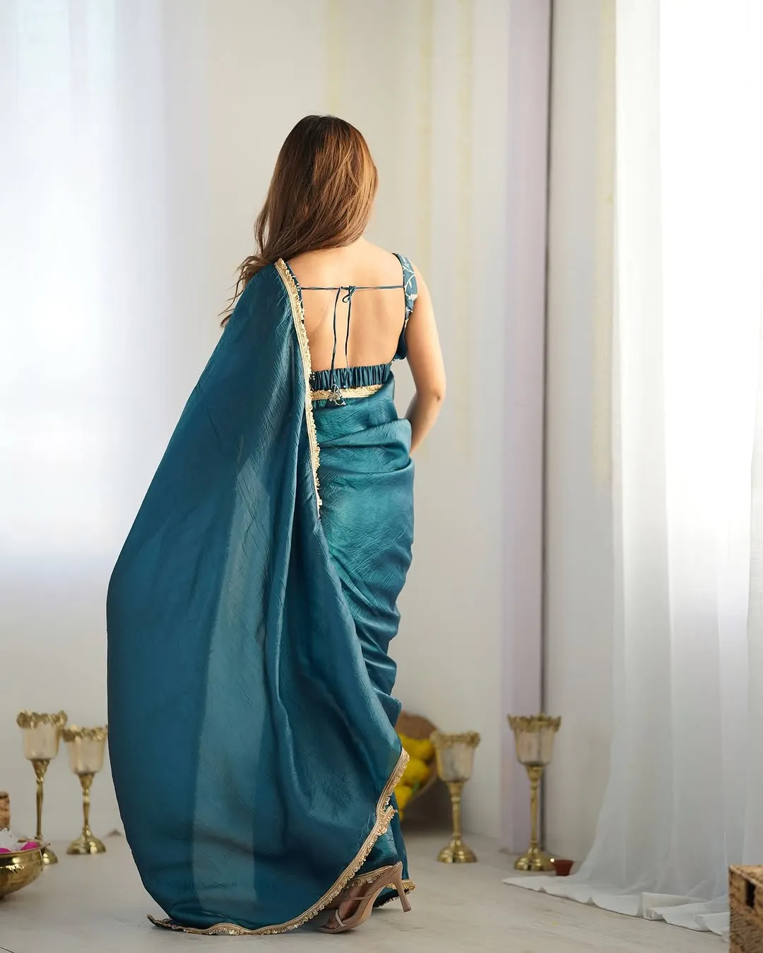 Teal Blue Pooja wear Saree with Stitched Blouse