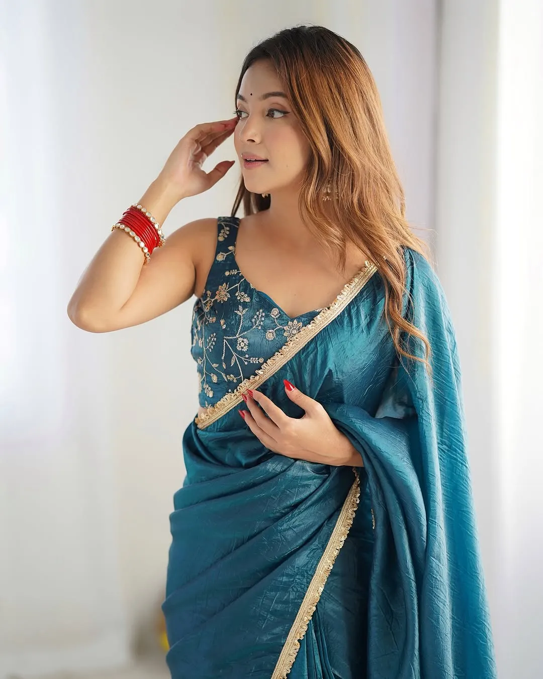 Teal Blue Pooja wear Saree with Stitched Blouse