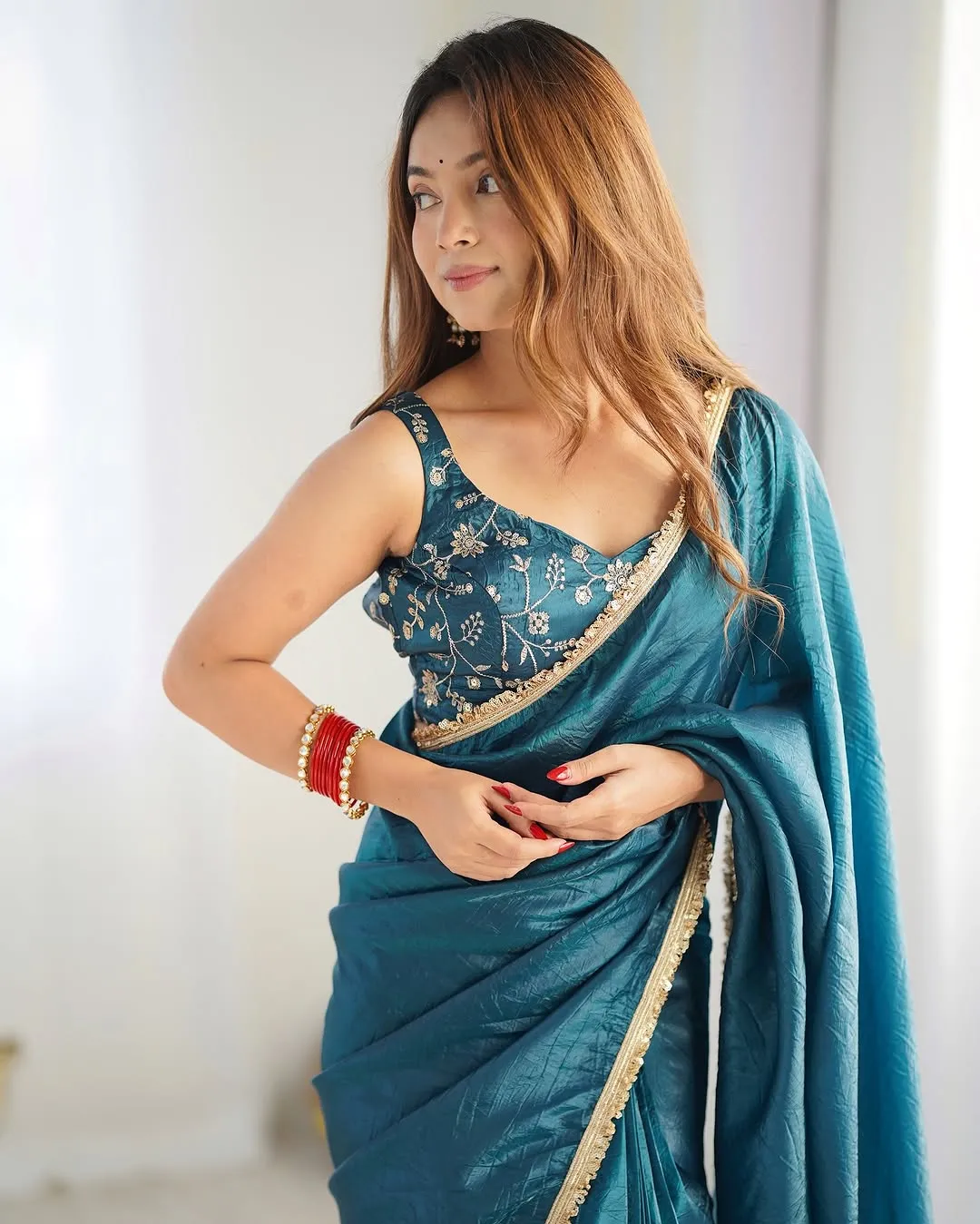 Teal Blue Pooja wear Saree with Stitched Blouse