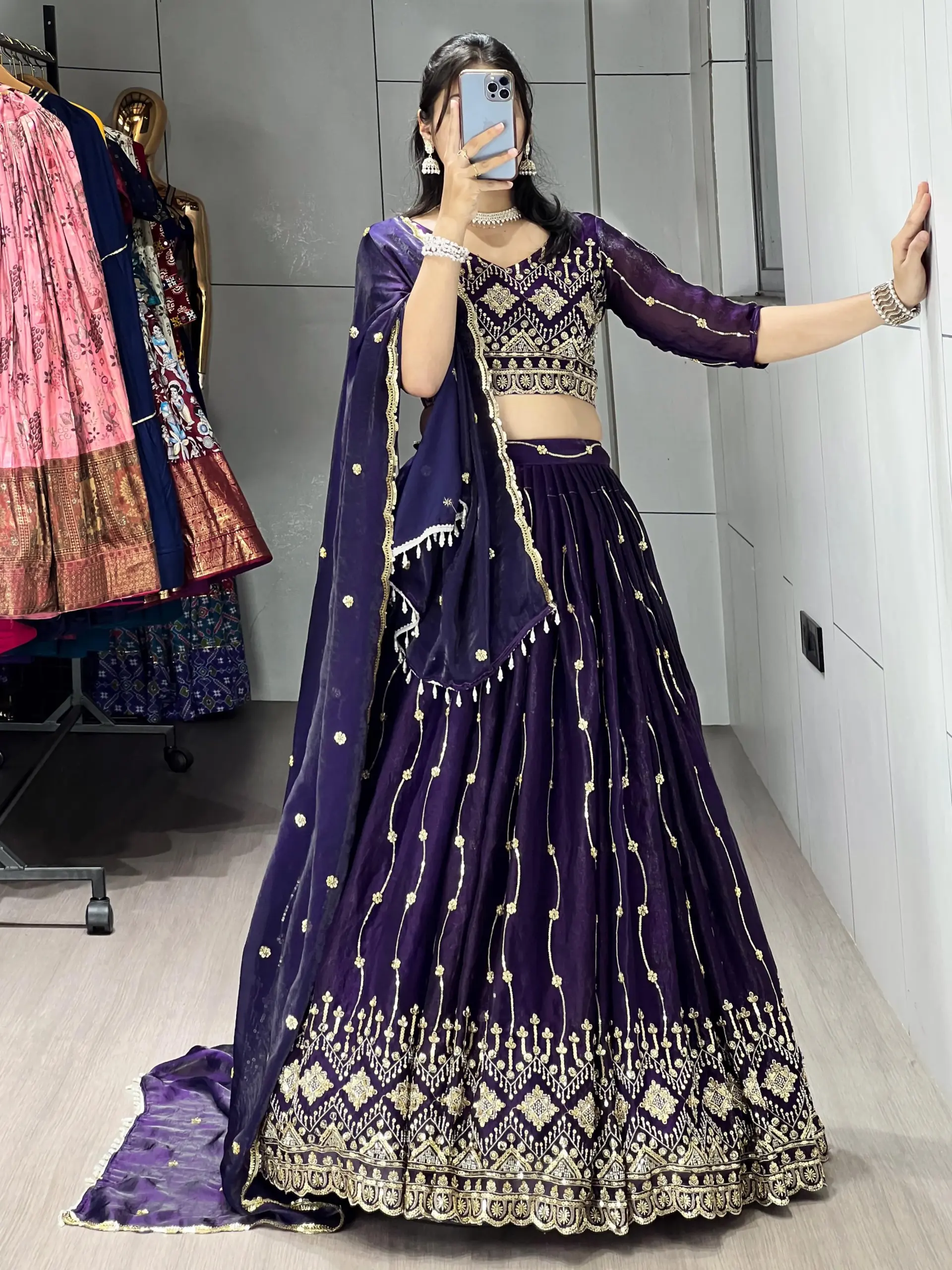 Beads Work Wedding Lehenga Choli In Purple