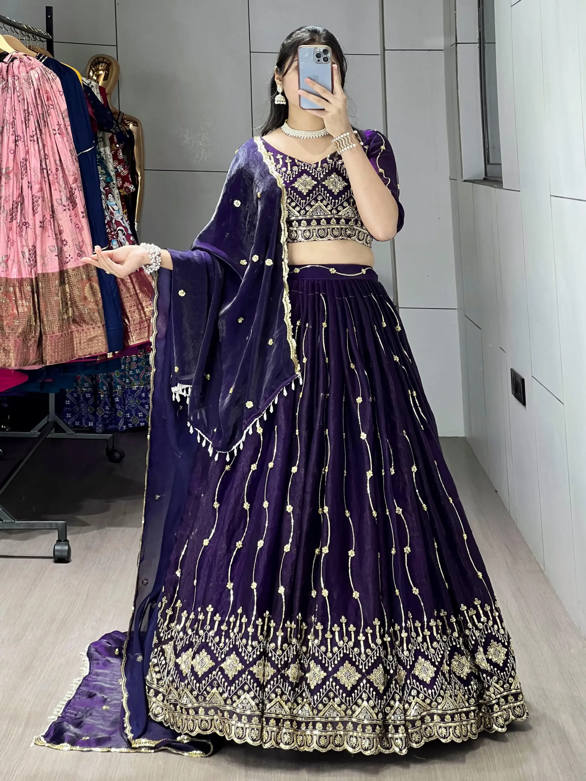 Beads Work Wedding Lehenga Choli In Purple