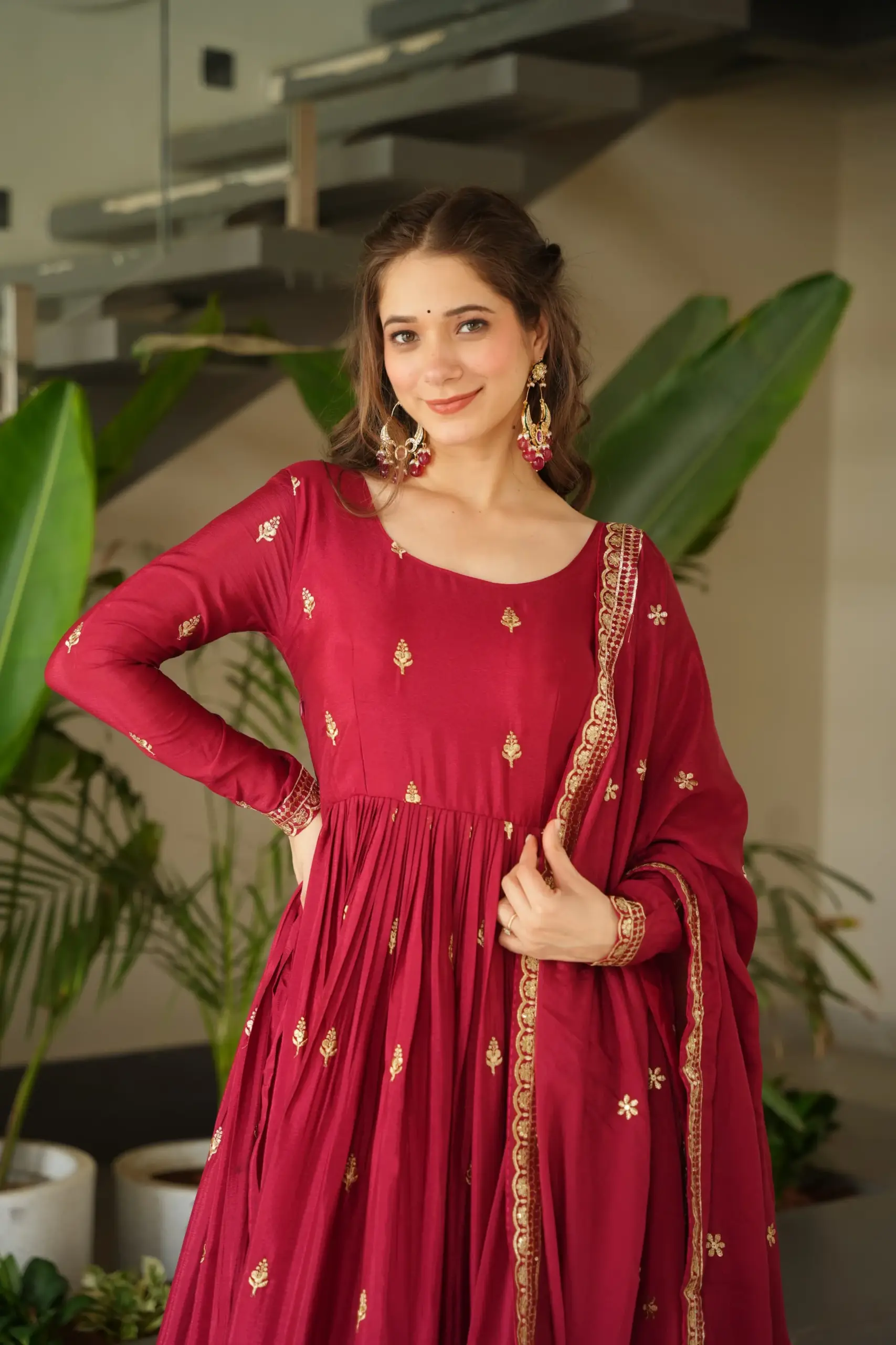 Diwali Special Cherry Red Embroidery Gown