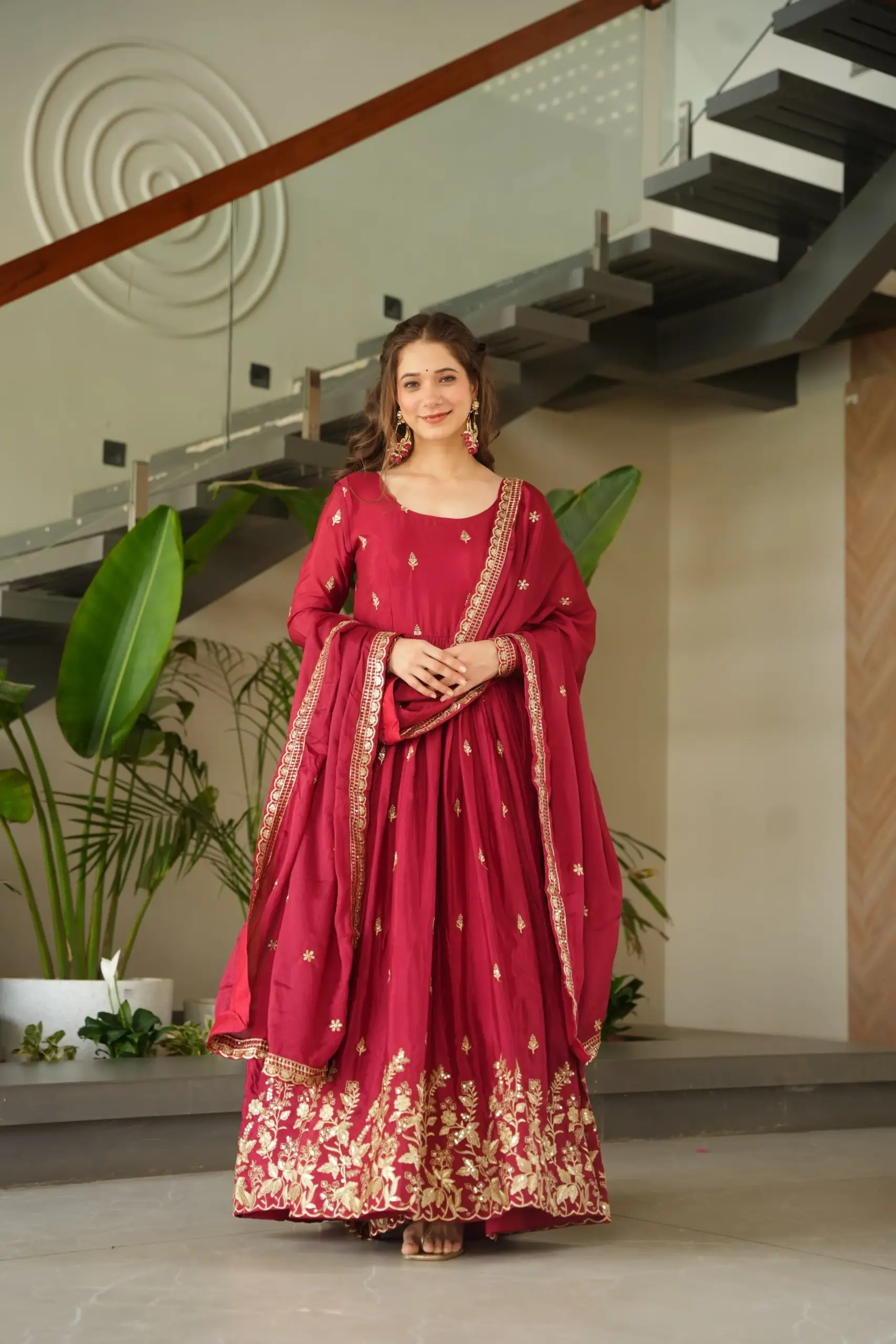 Diwali Special Cherry Red Embroidery Gown