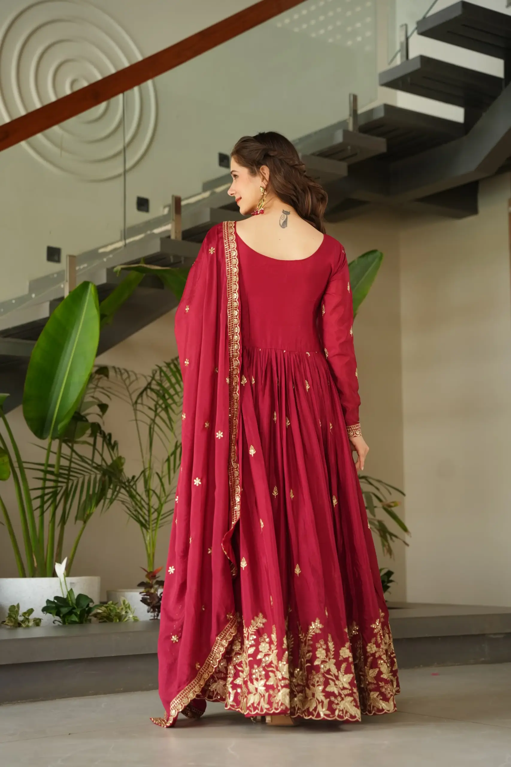 Diwali Special Cherry Red Embroidery Gown