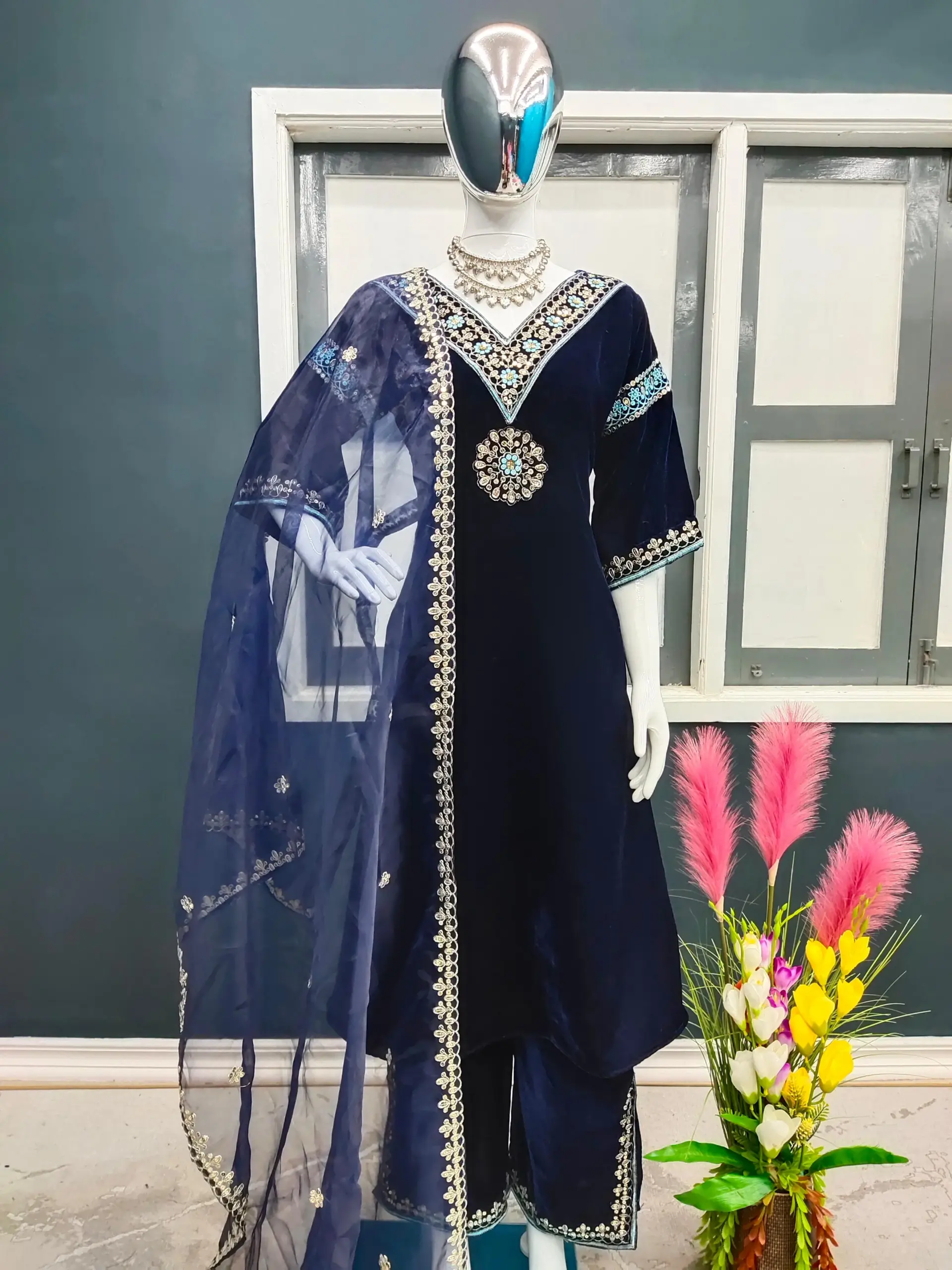 Anarkali Style Velvet Embroidery Suit