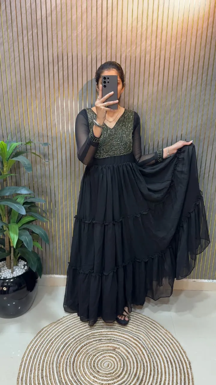 Black Color Handwork Frill Gown