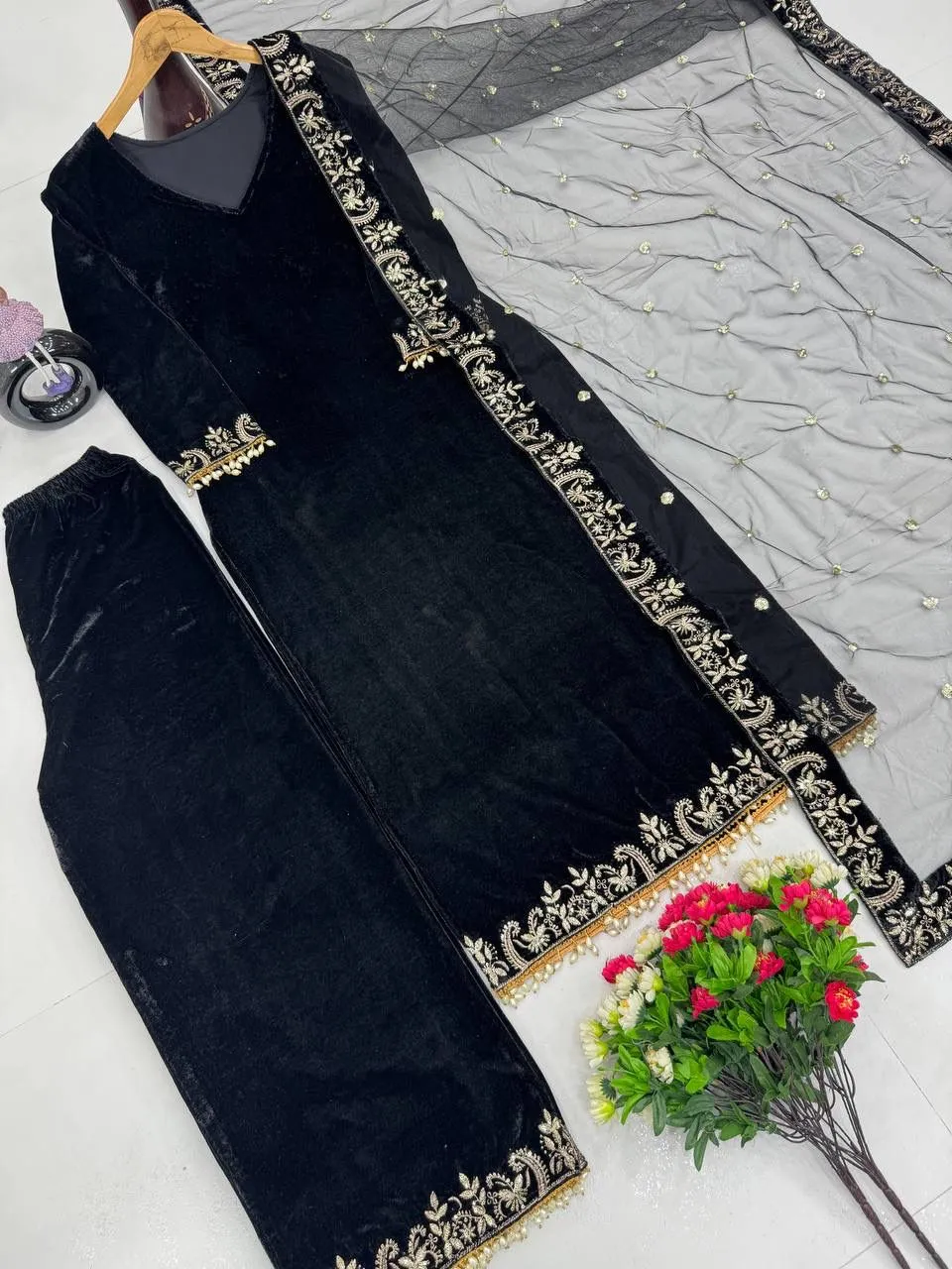 Black Velvet Salwar Suit with Embroidery