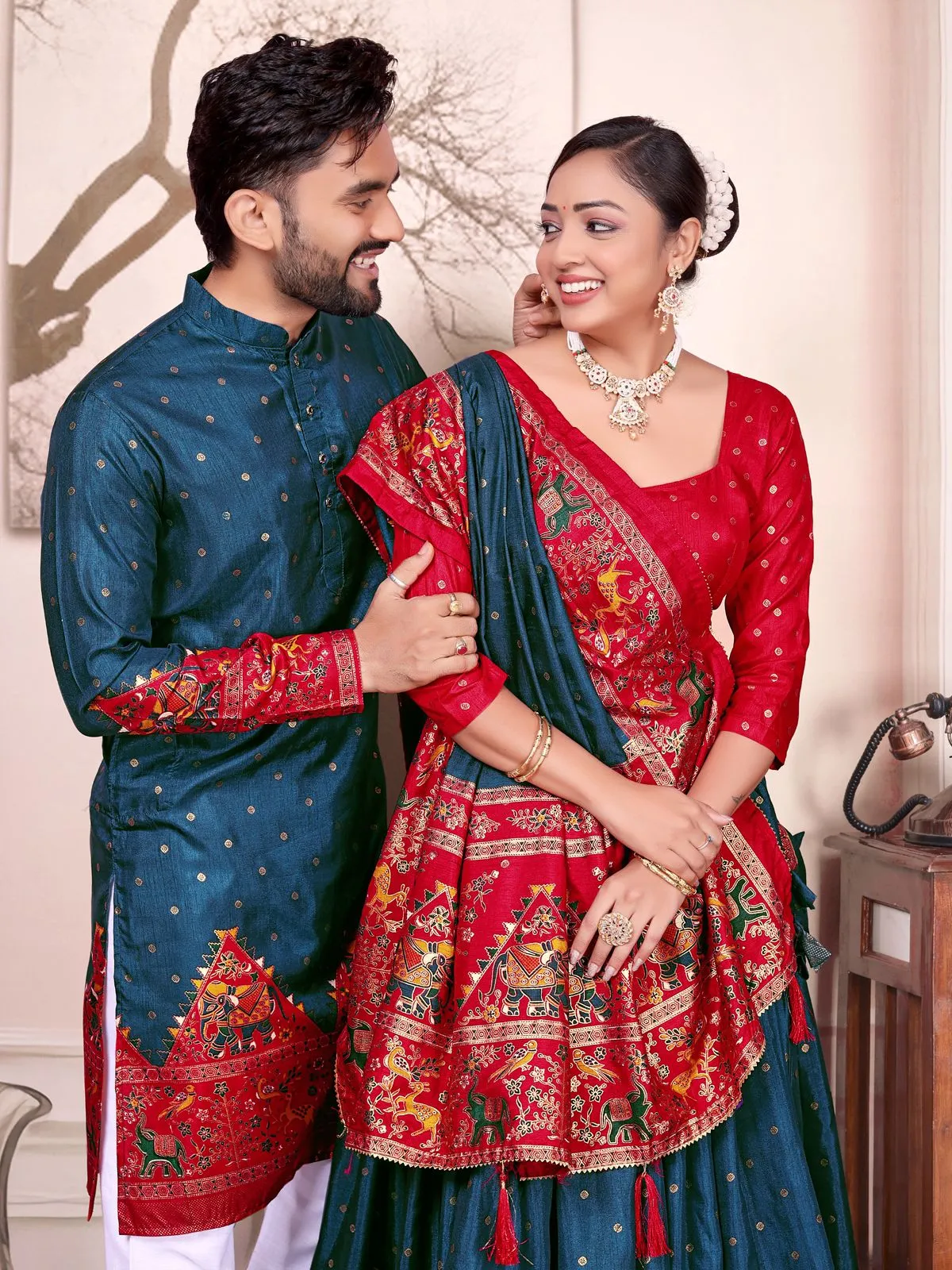 Blue Patola Printed Couple Combo Lehenga and Kurta