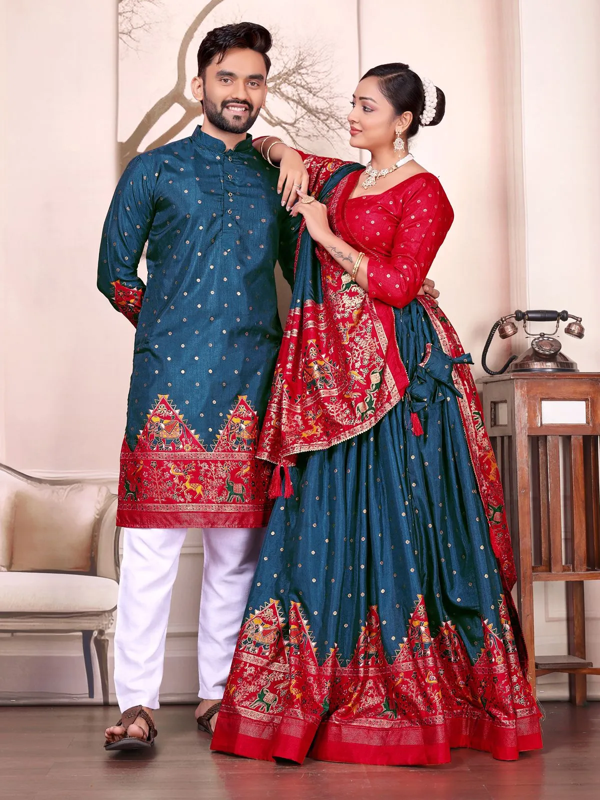 Blue Patola Printed Couple Combo Lehenga and Kurta