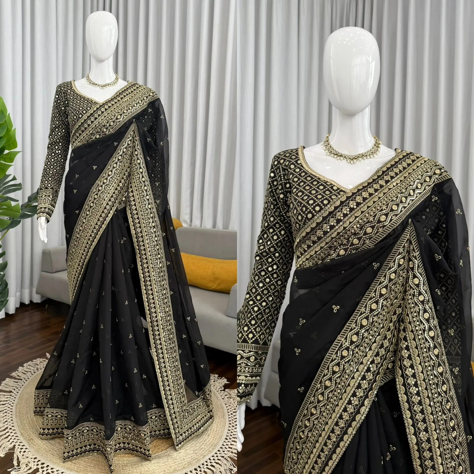 Bollywood Inspired Full Embroidery Black Sari