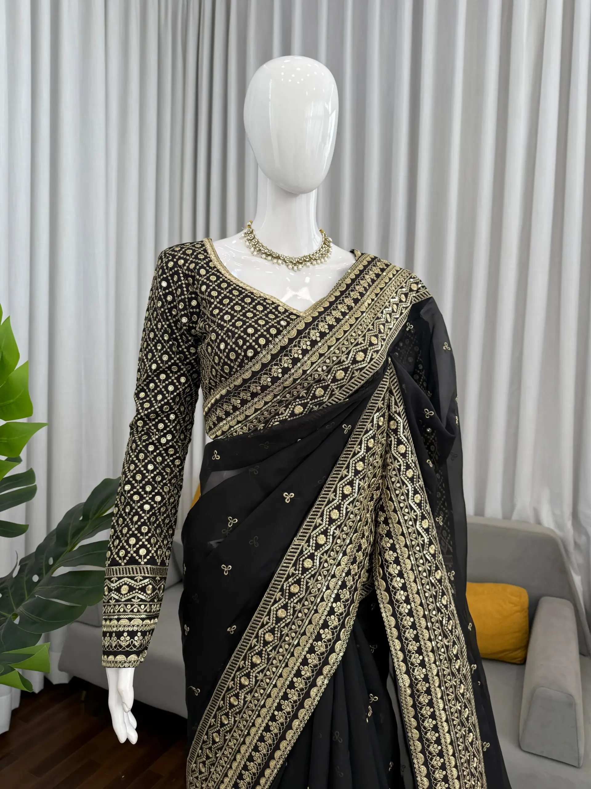 Bollywood Inspired Full Embroidery Black Sari
