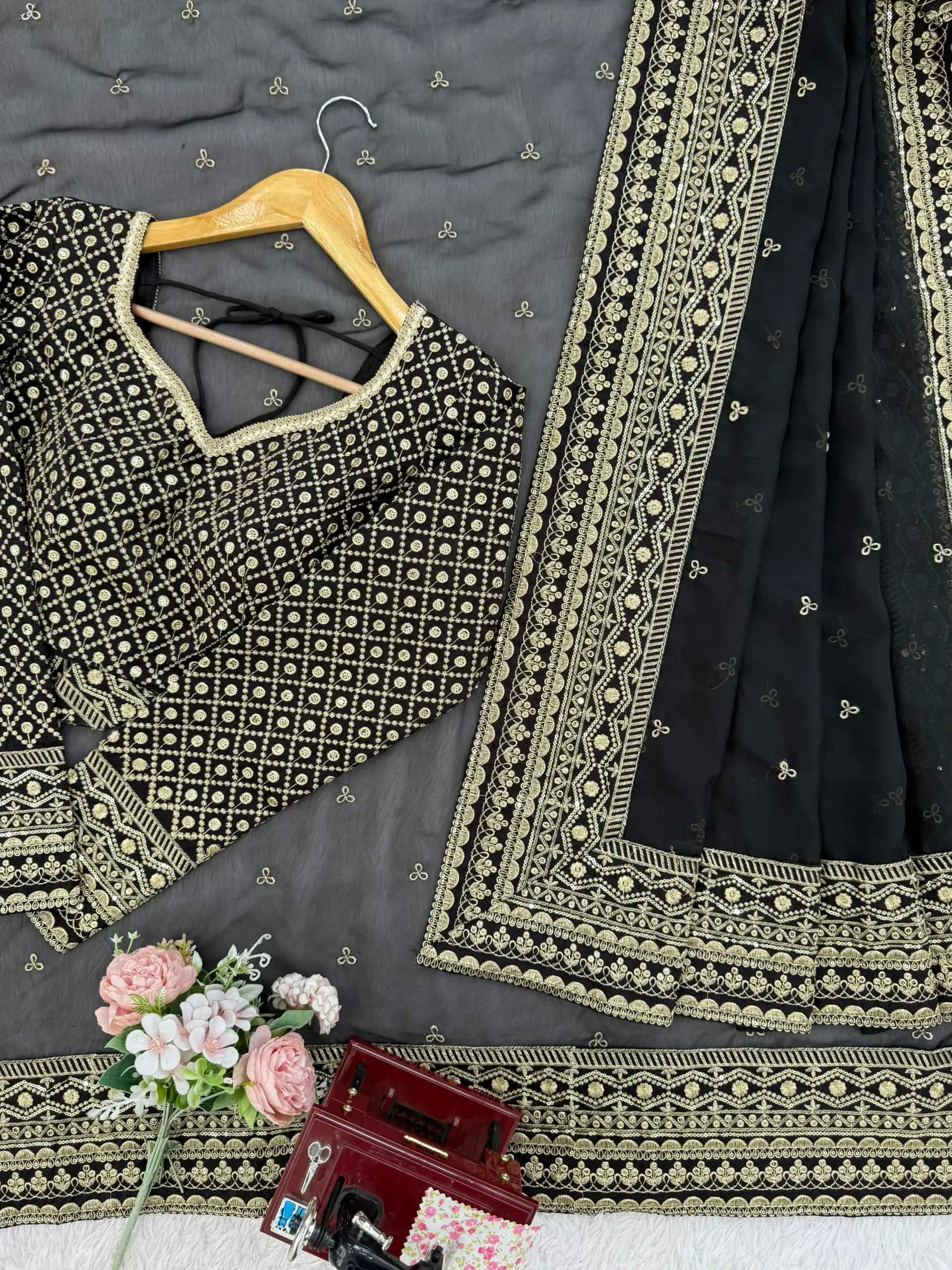 Bollywood Inspired Full Embroidery Black Sari