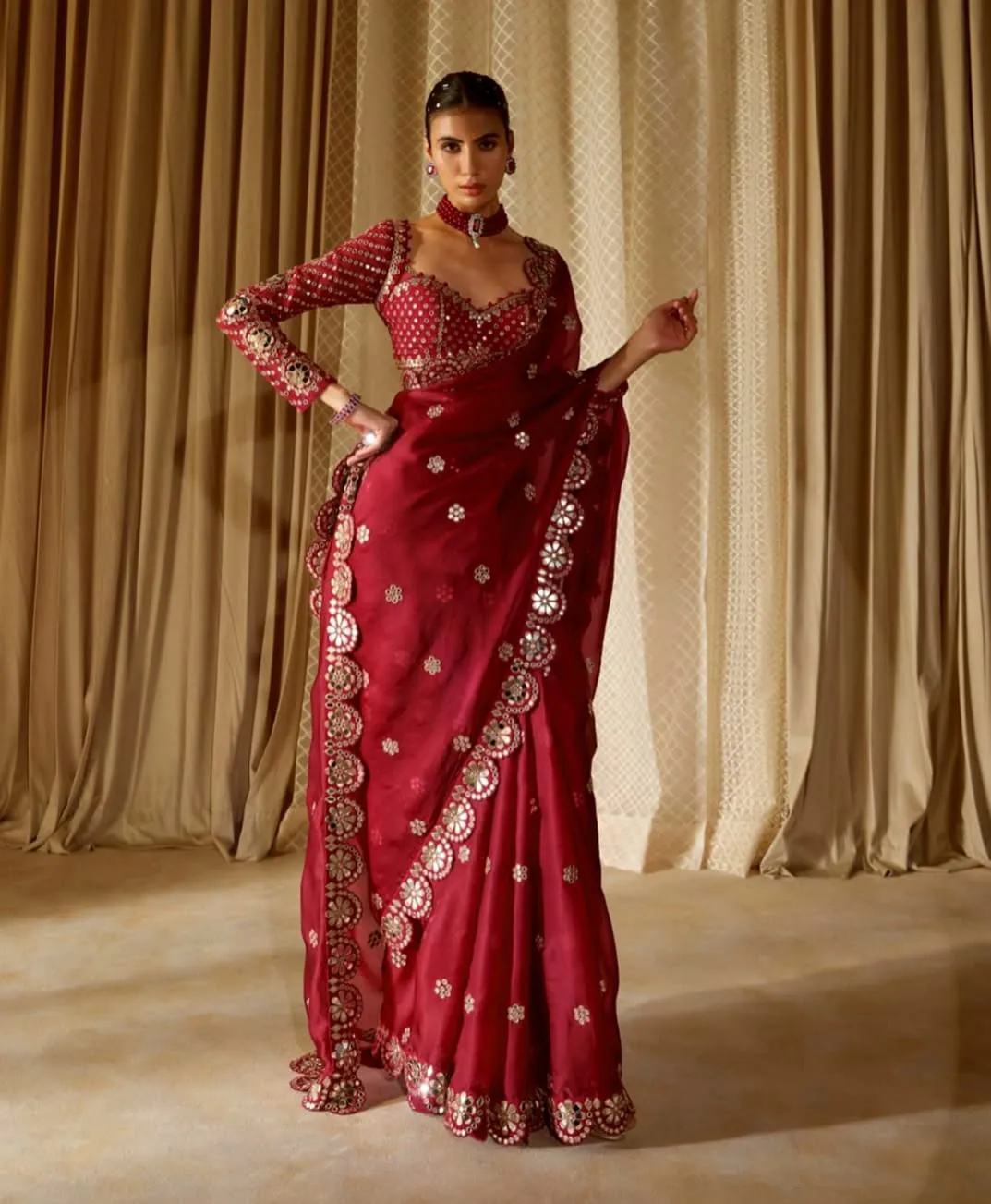 Bollywood Inspired Red  Mirror work Party Saree
