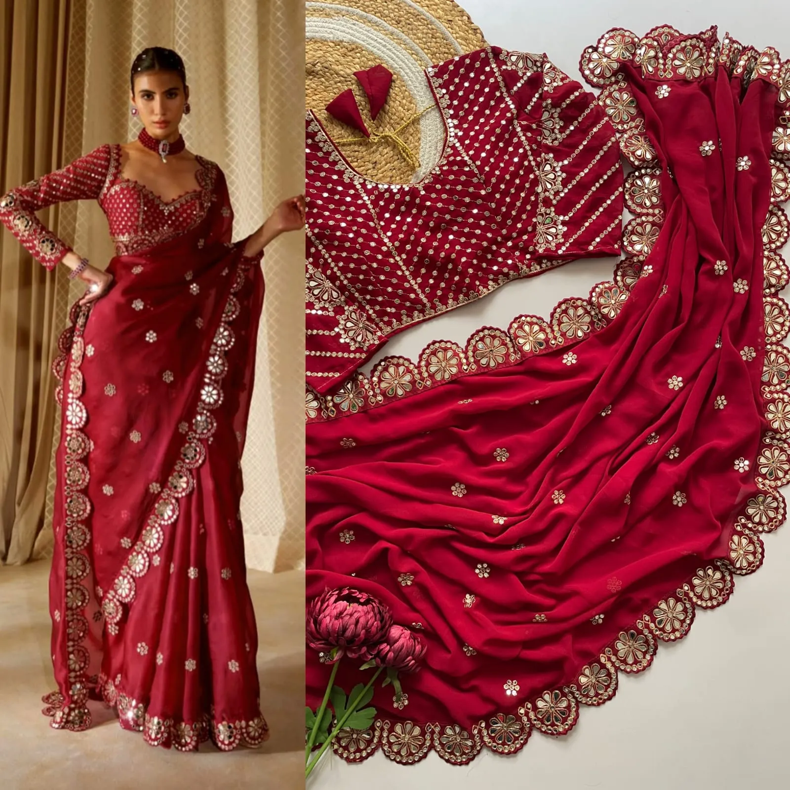 Bollywood Inspired Red  Mirror work Party Saree