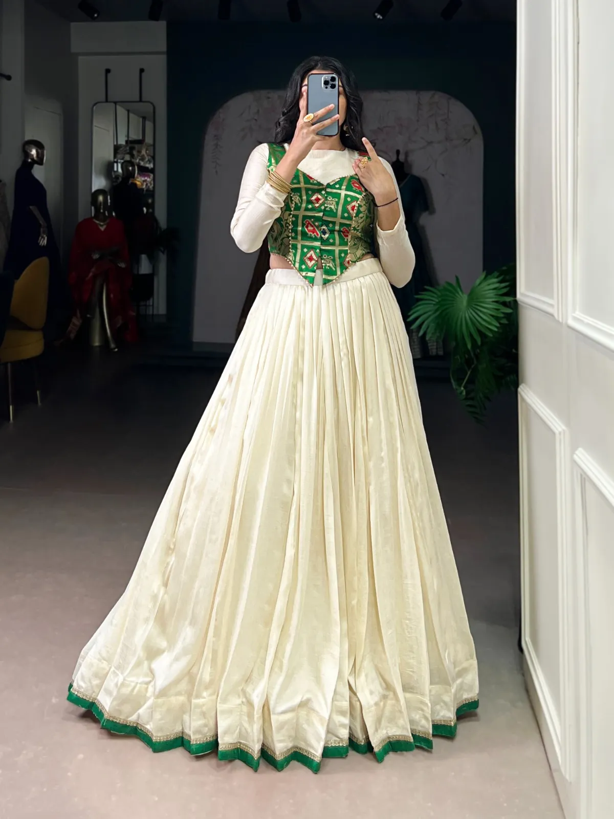 Cream Readymade Lehenga with flair