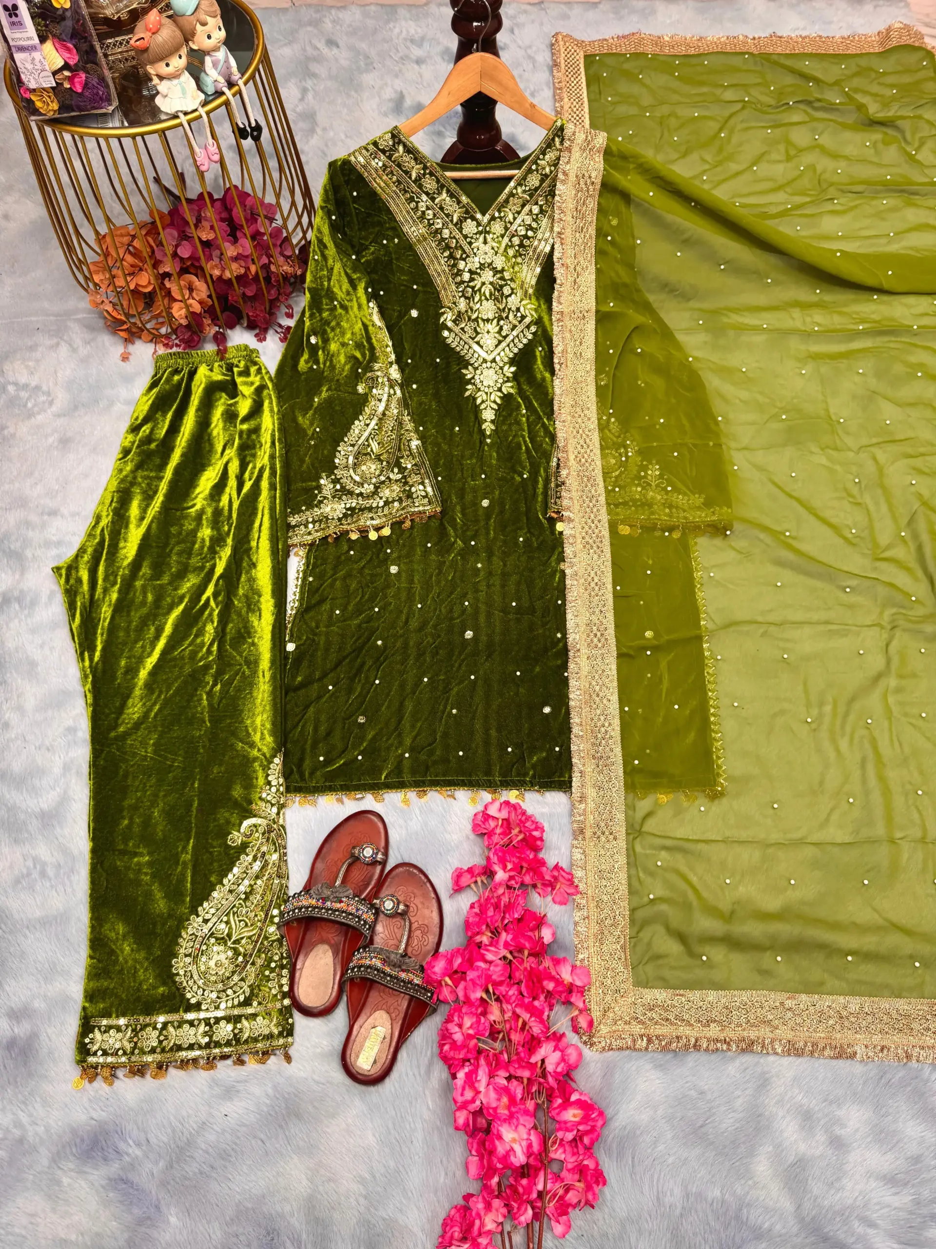 Embellished Green Velvet Dress