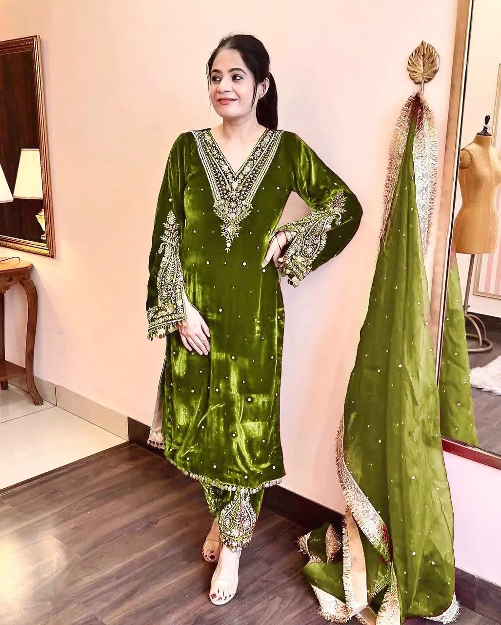 Embellished Green Velvet Dress