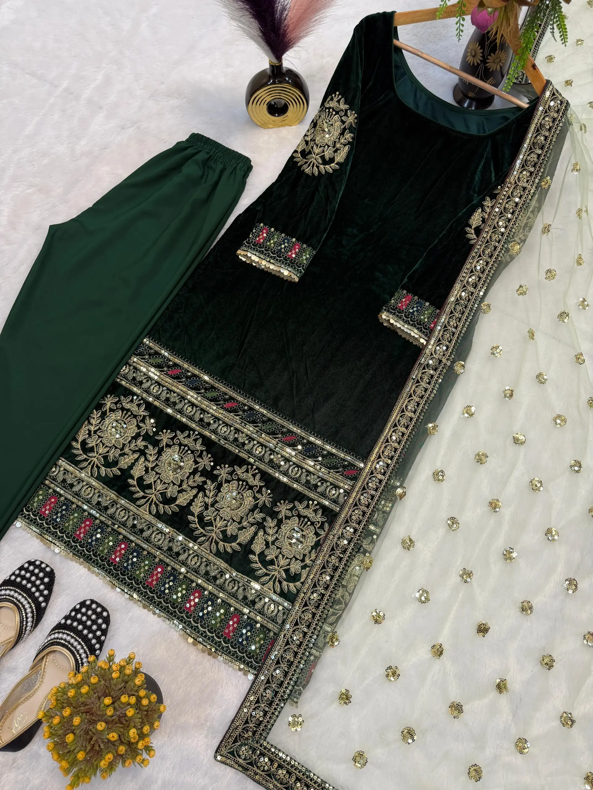Embellished Green Velvet Straight Churidar Suit