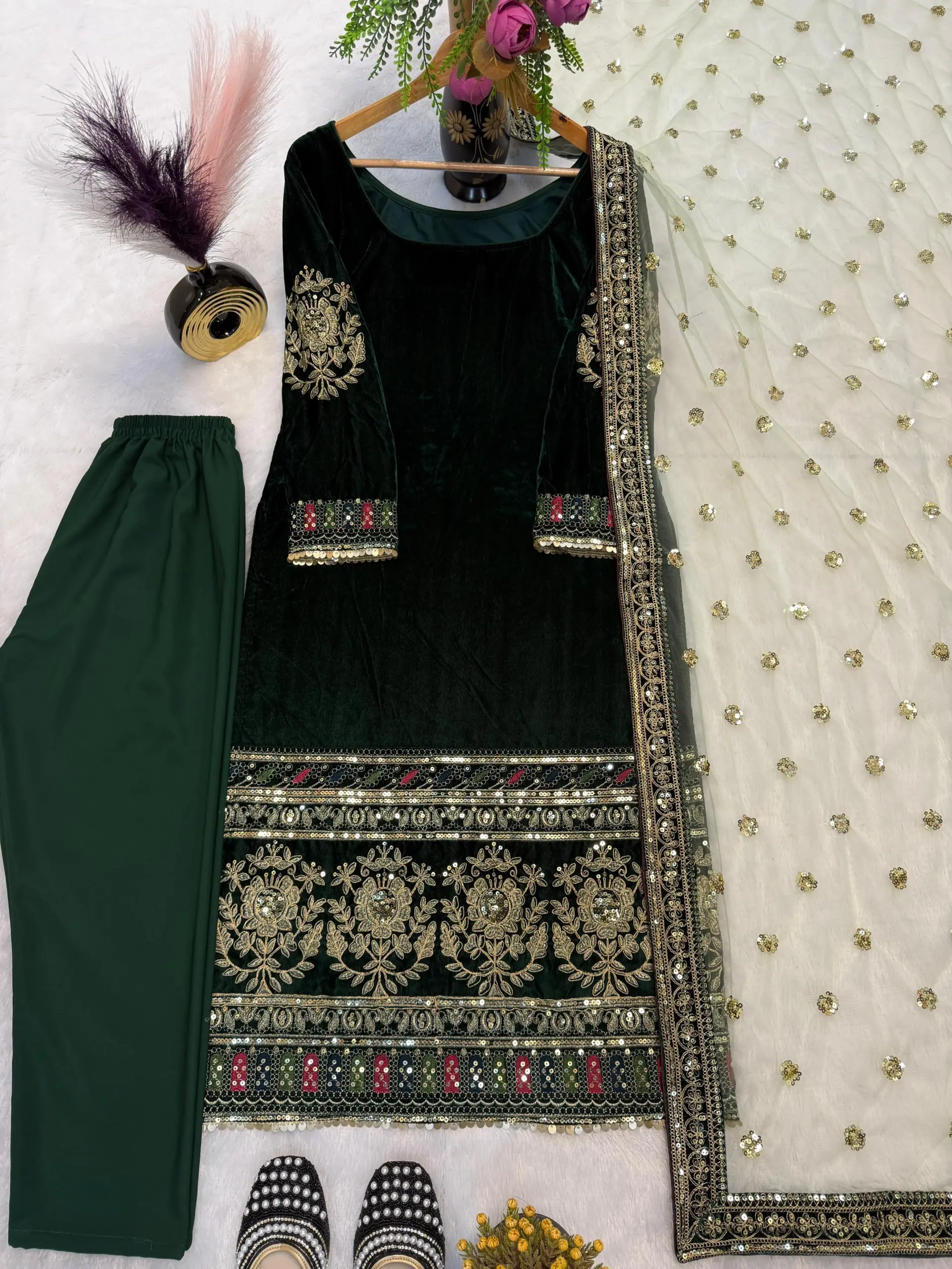 Embellished Green Velvet Straight Churidar Suit