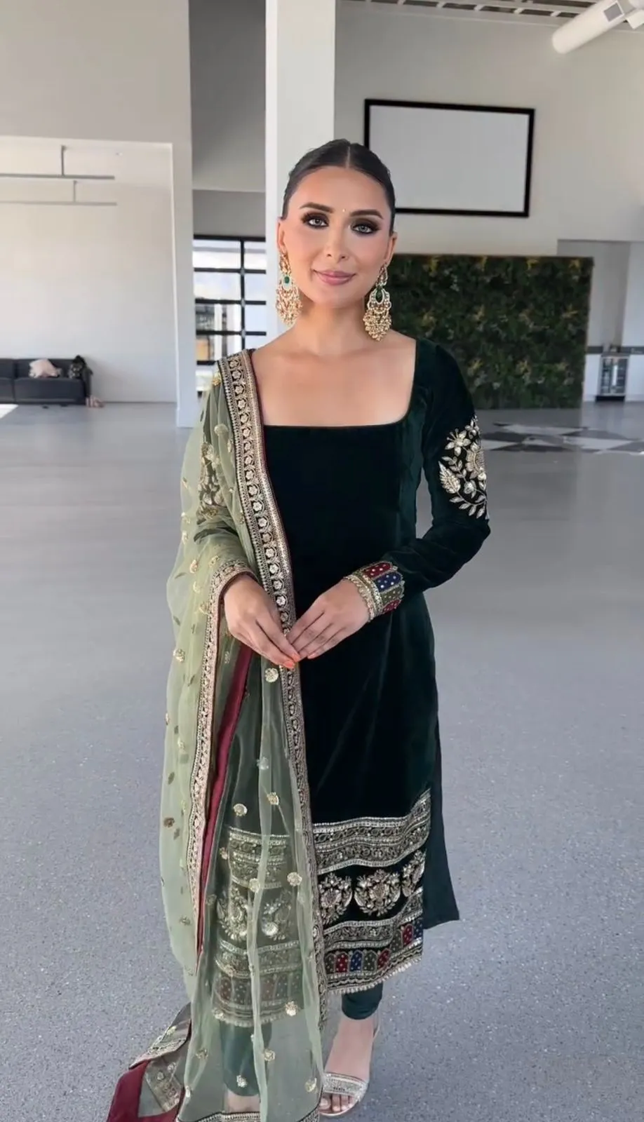 Embellished Green Velvet Straight Churidar Suit