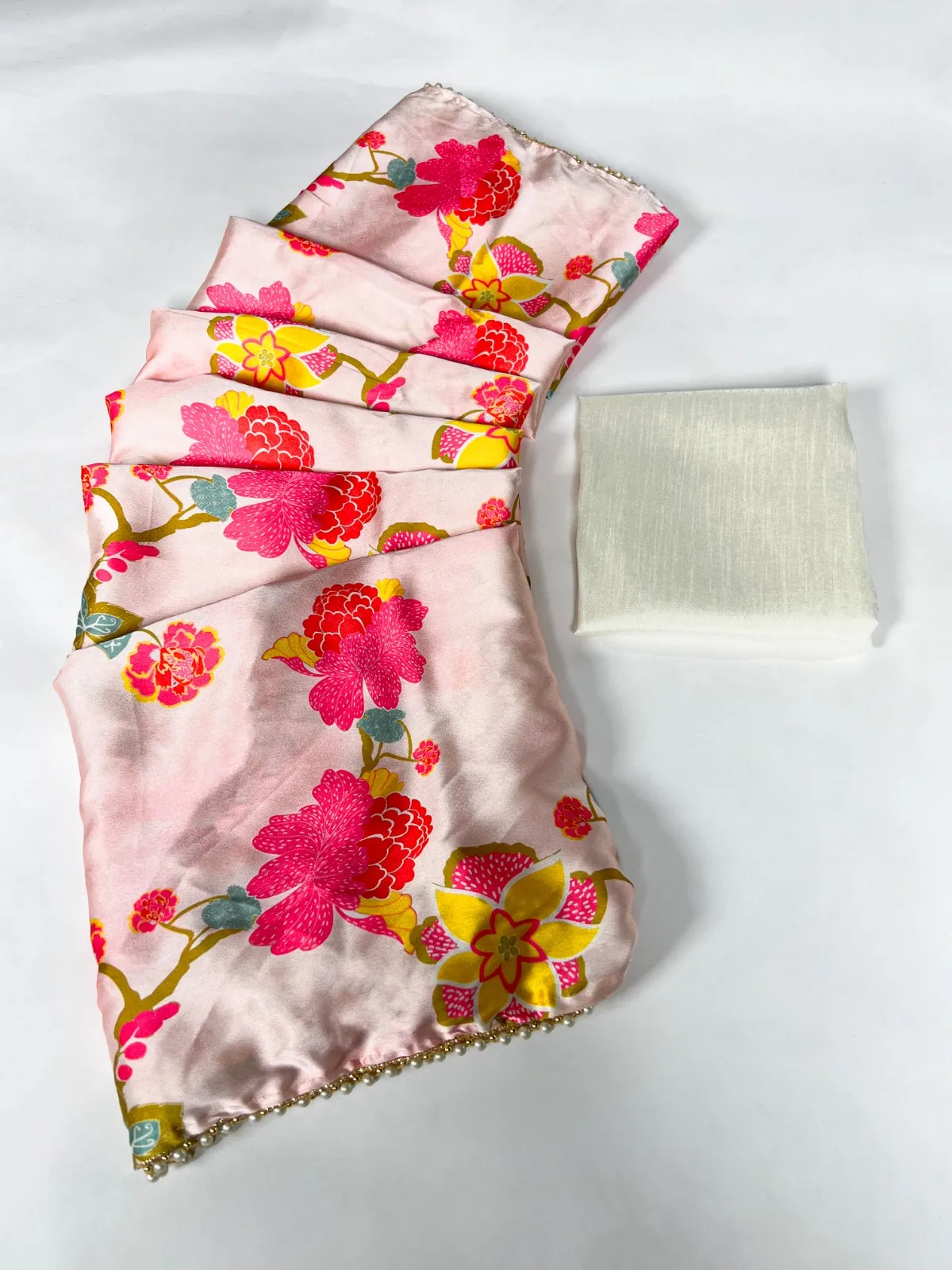 Floral Satin Sarees with Pearl Border