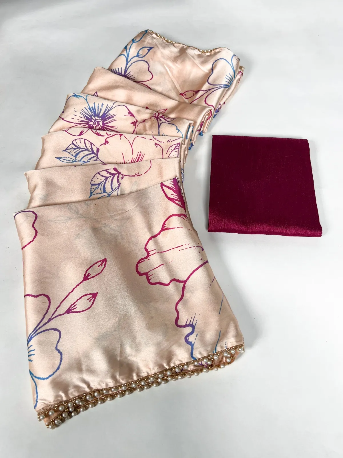 Floral Satin Sarees with Pearl Border
