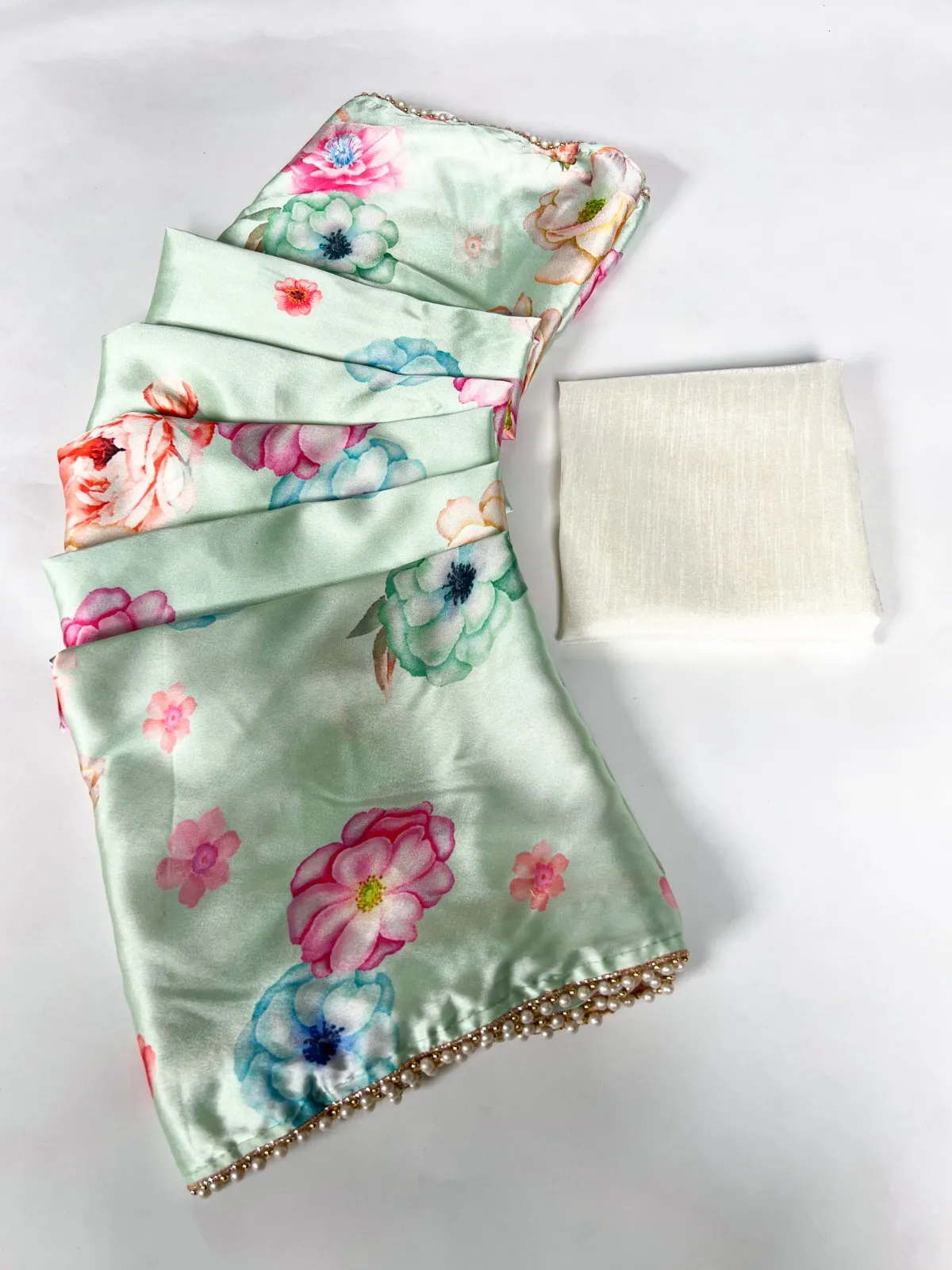Floral Satin Sarees with Pearl Border