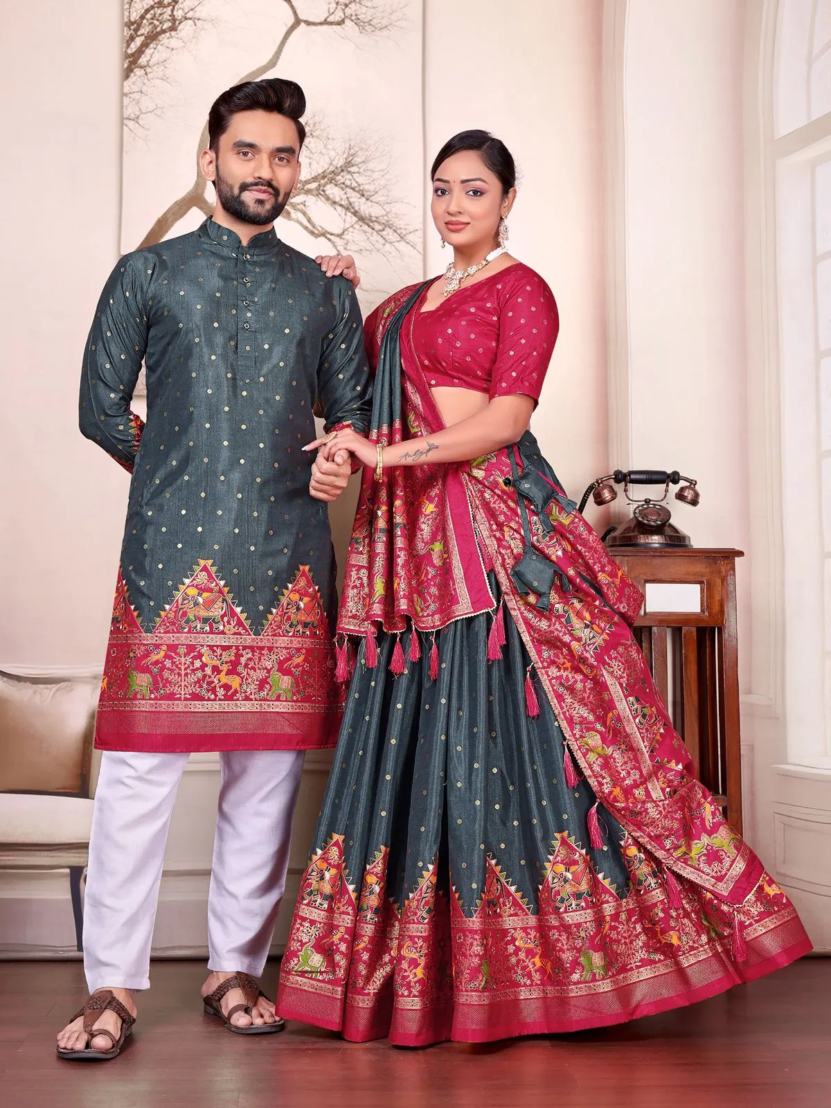 Gray Patola Printed Couple Combo Lehenga and Kurta