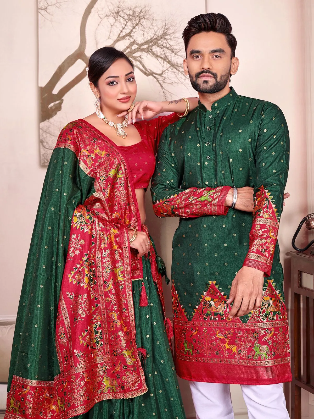 Green Patola Printed Couple Combo Lehenga and Kurta