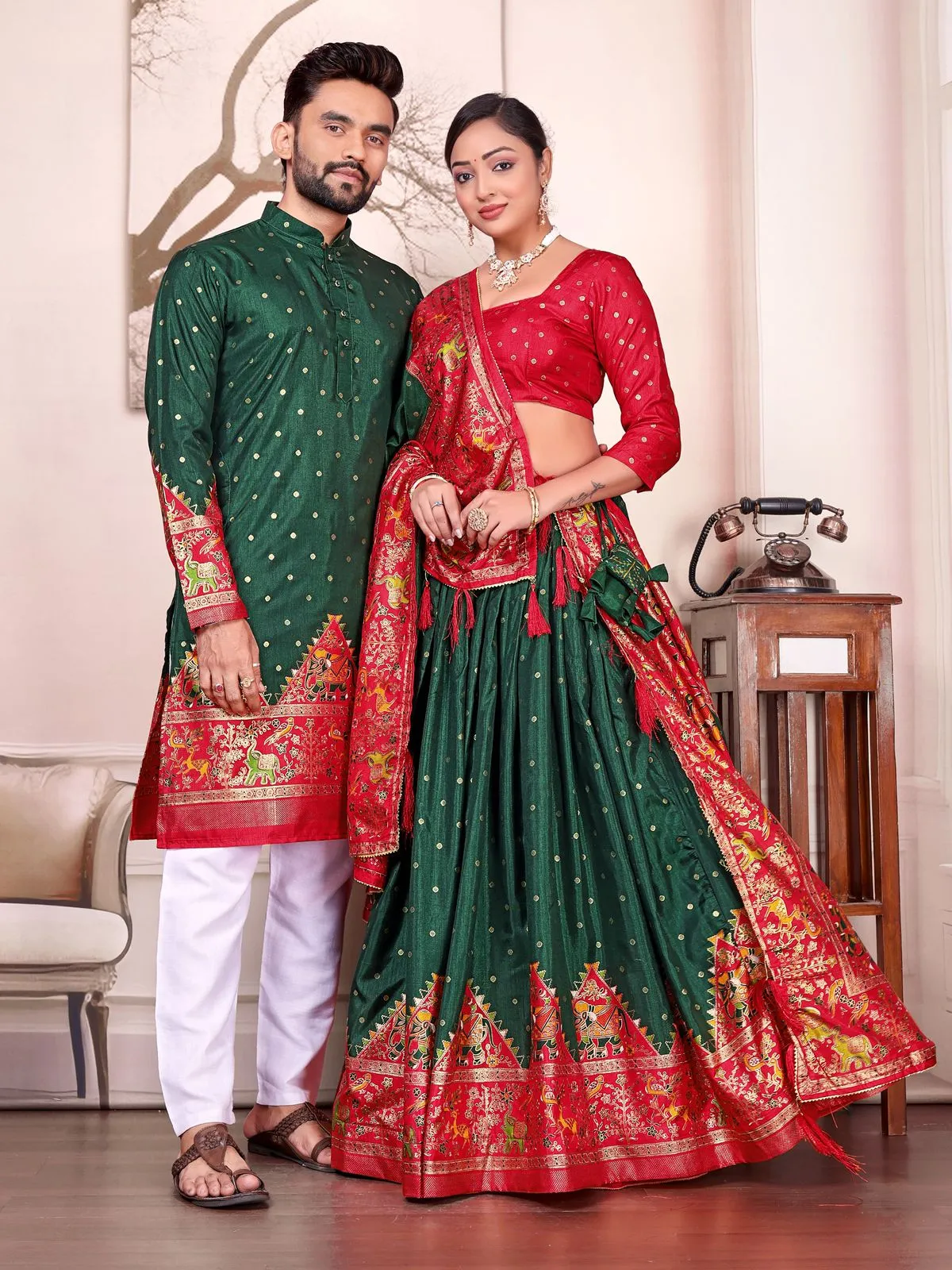 Green Patola Printed Couple Combo Lehenga and Kurta