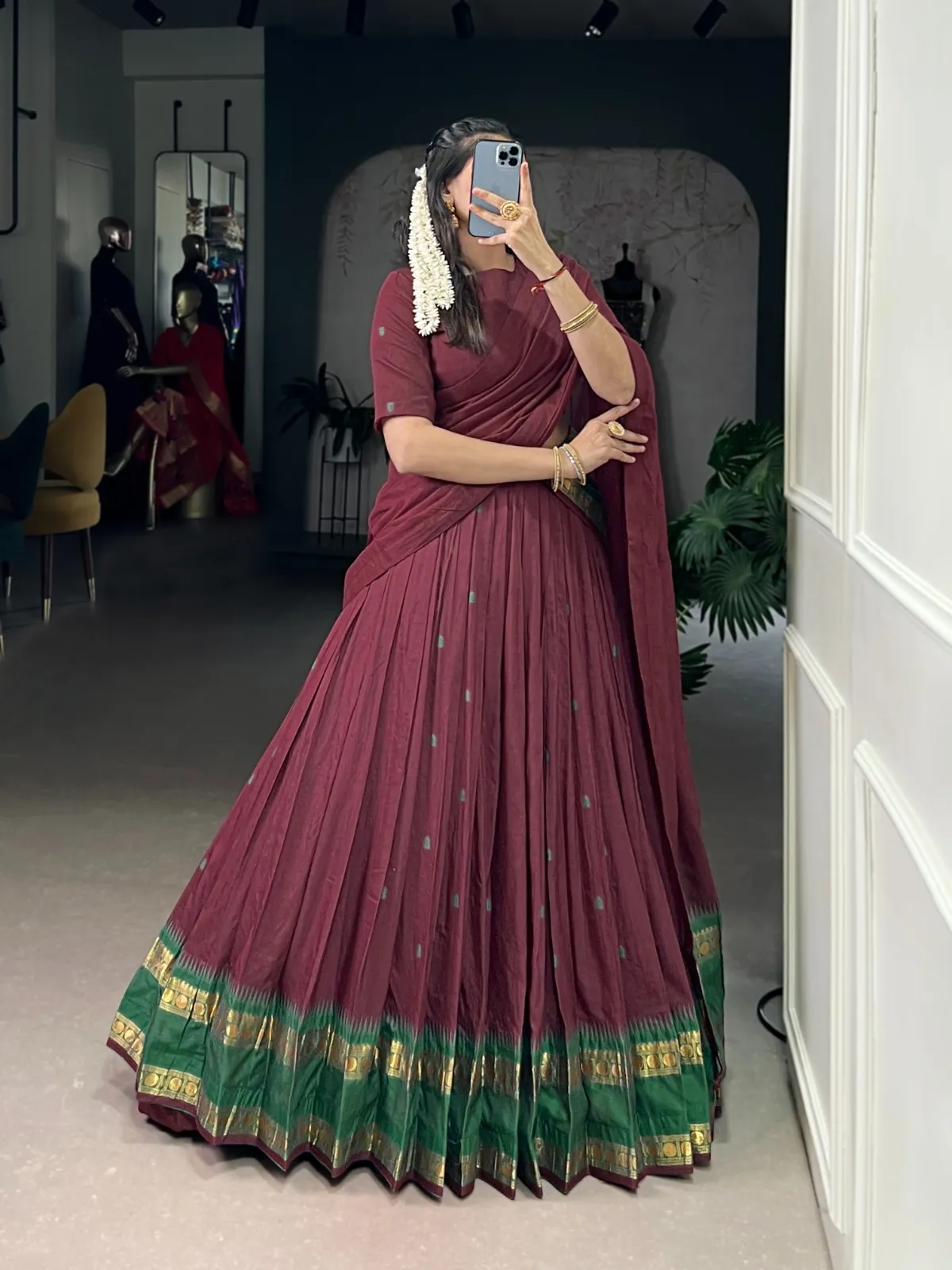 Maroon Color Chanderi Cotton half Saree
