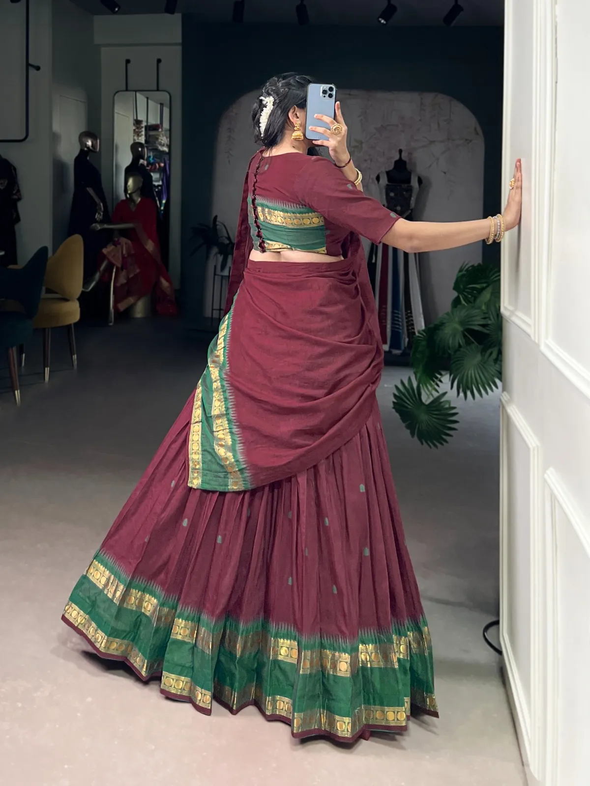 Maroon Color Chanderi Cotton half Saree