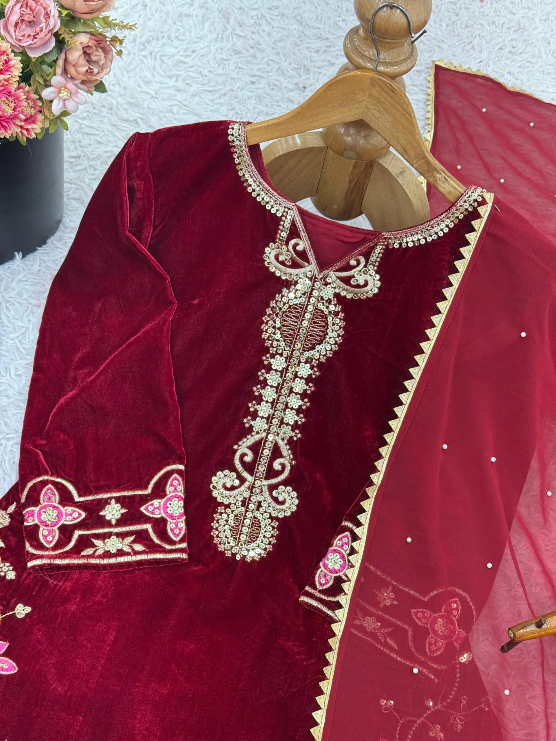 Pakistani Style Red Velvet Plazzo Salwar Set