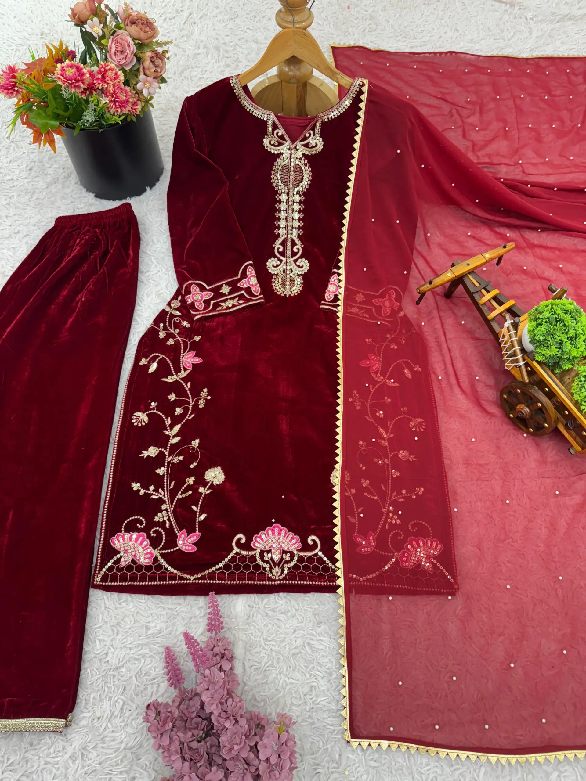 Pakistani Style Red Velvet Plazzo Salwar Set
