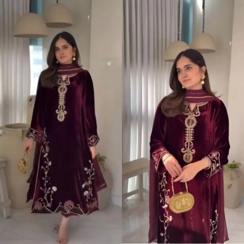 Pakistani Style Red Velvet Plazzo Salwar Set