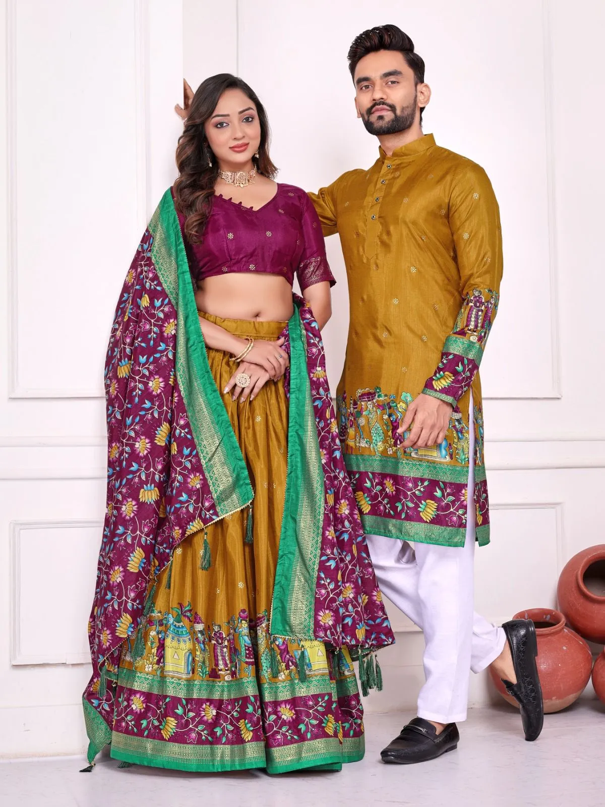 Patola Printed Couple Lehenga Choli and Men's Kurta