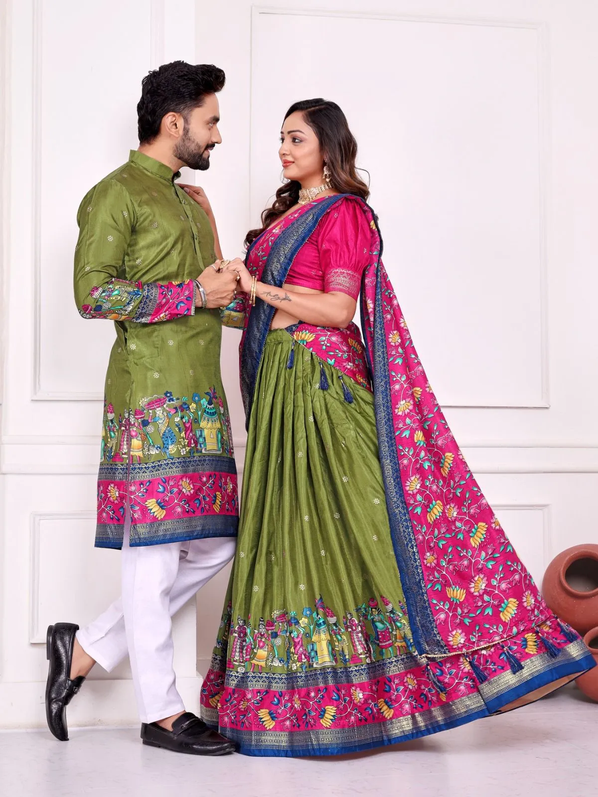Patola Printed Couple Lehenga Choli and Men's Kurta