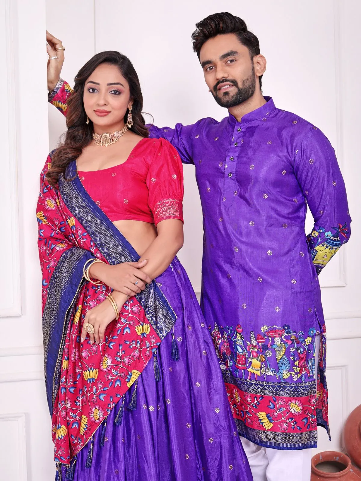 Patola Printed Couple Lehenga Choli and Men's Kurta