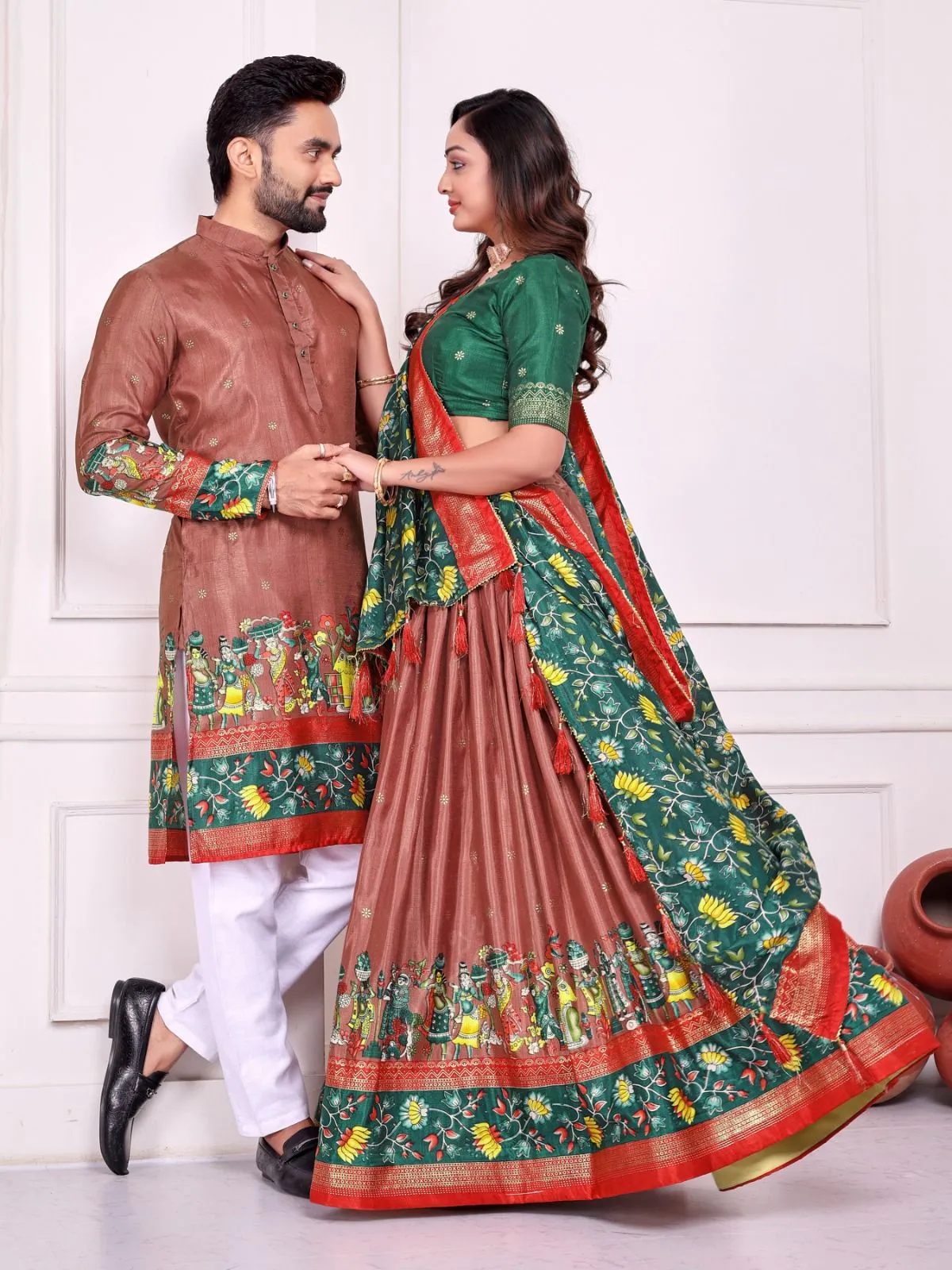 Patola Printed Couple Lehenga Choli and Men's Kurta