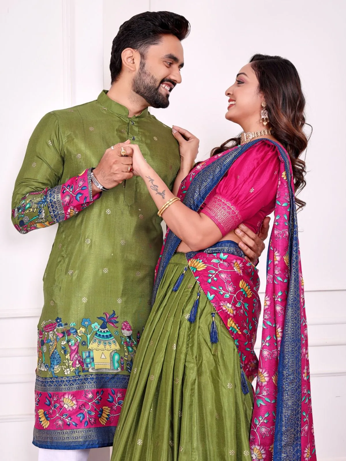 Patola Printed Couple Lehenga Choli and Men's Kurta