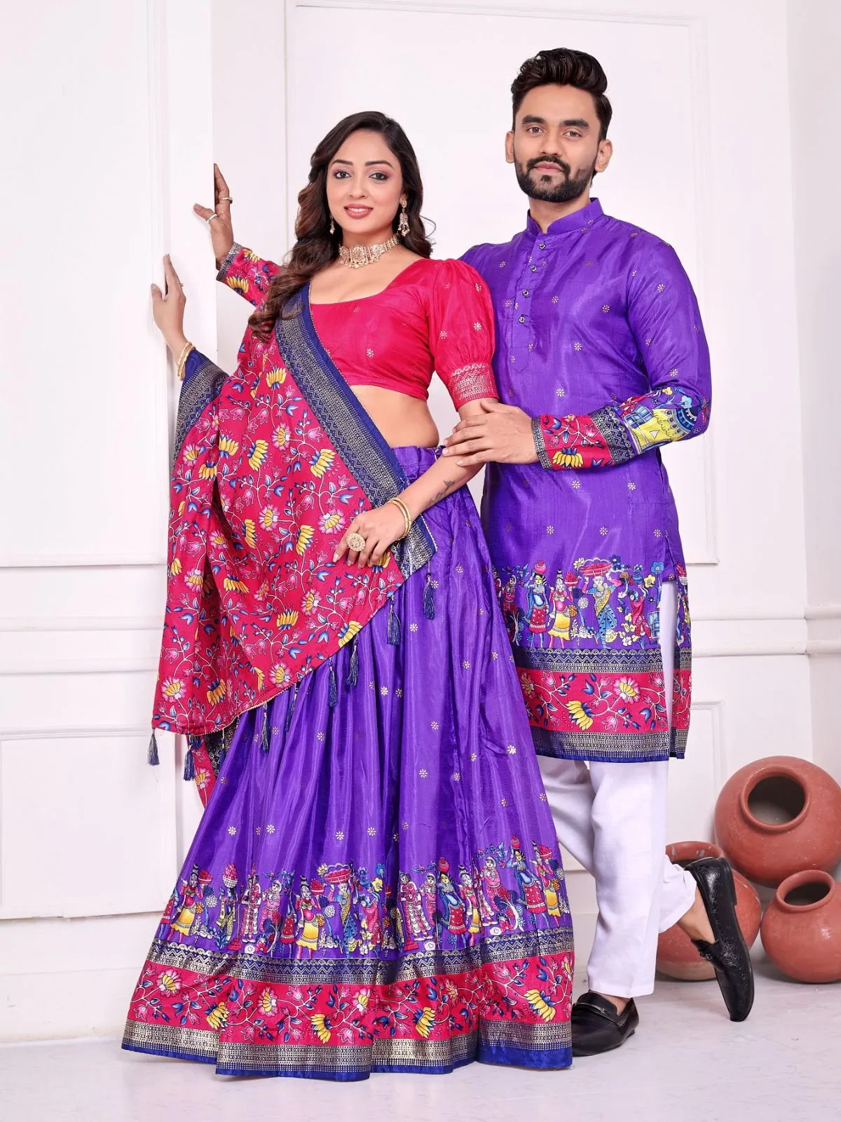 Patola Printed Couple Lehenga Choli and Men's Kurta