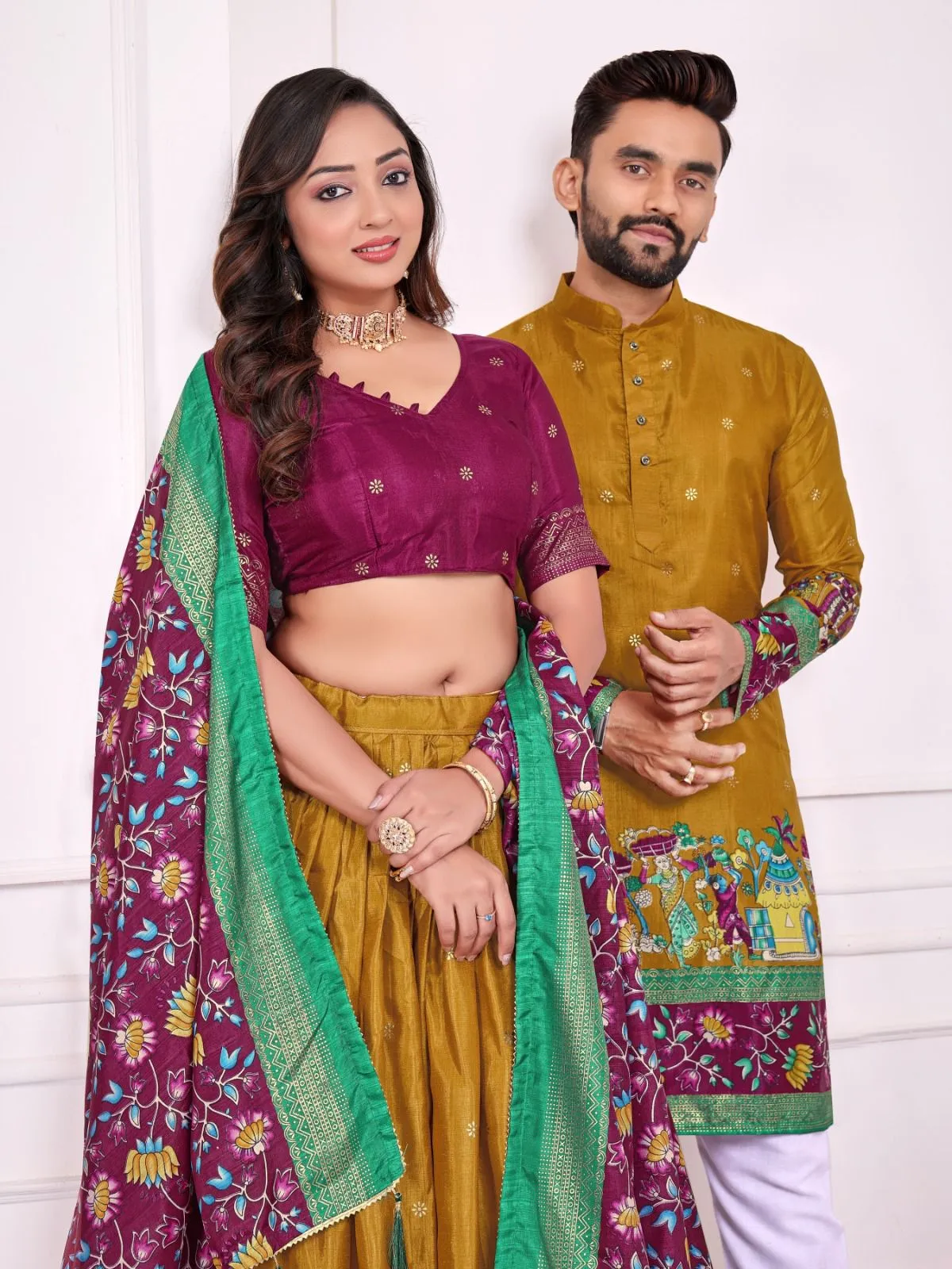 Patola Printed Couple Lehenga Choli and Men's Kurta