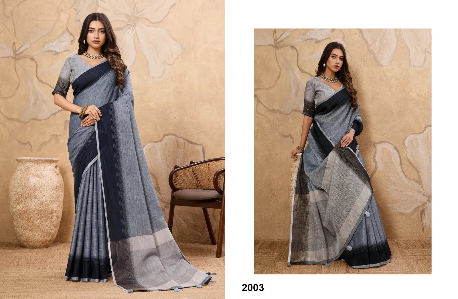 Plain Linen Saree in Pastel Color