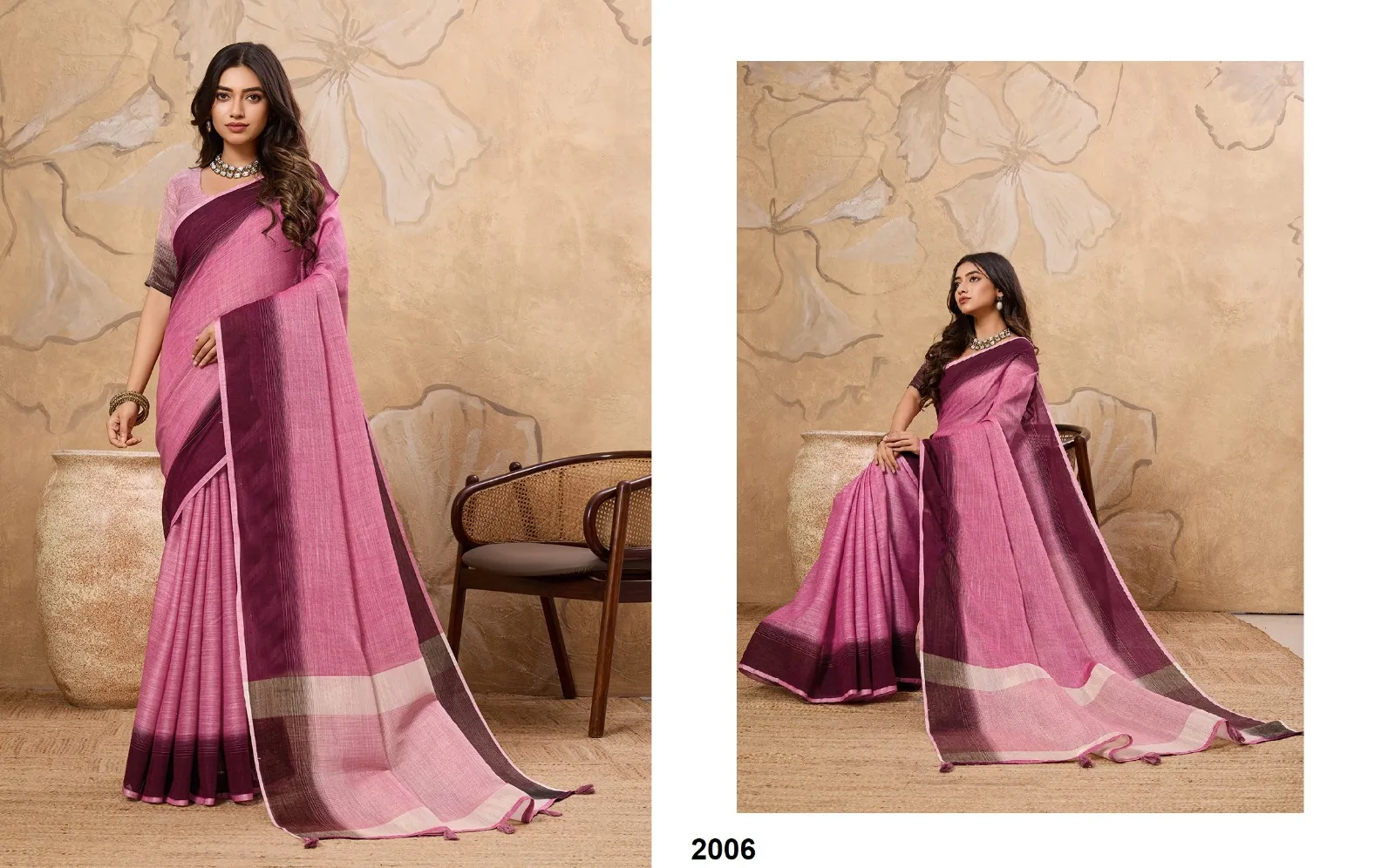 Plain Linen Saree in Pastel Color